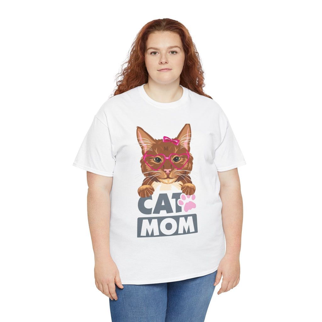 Cat Mom T-Shirt — Cute Cat Face Graphic Tee with "CAT MOM" Paw Print