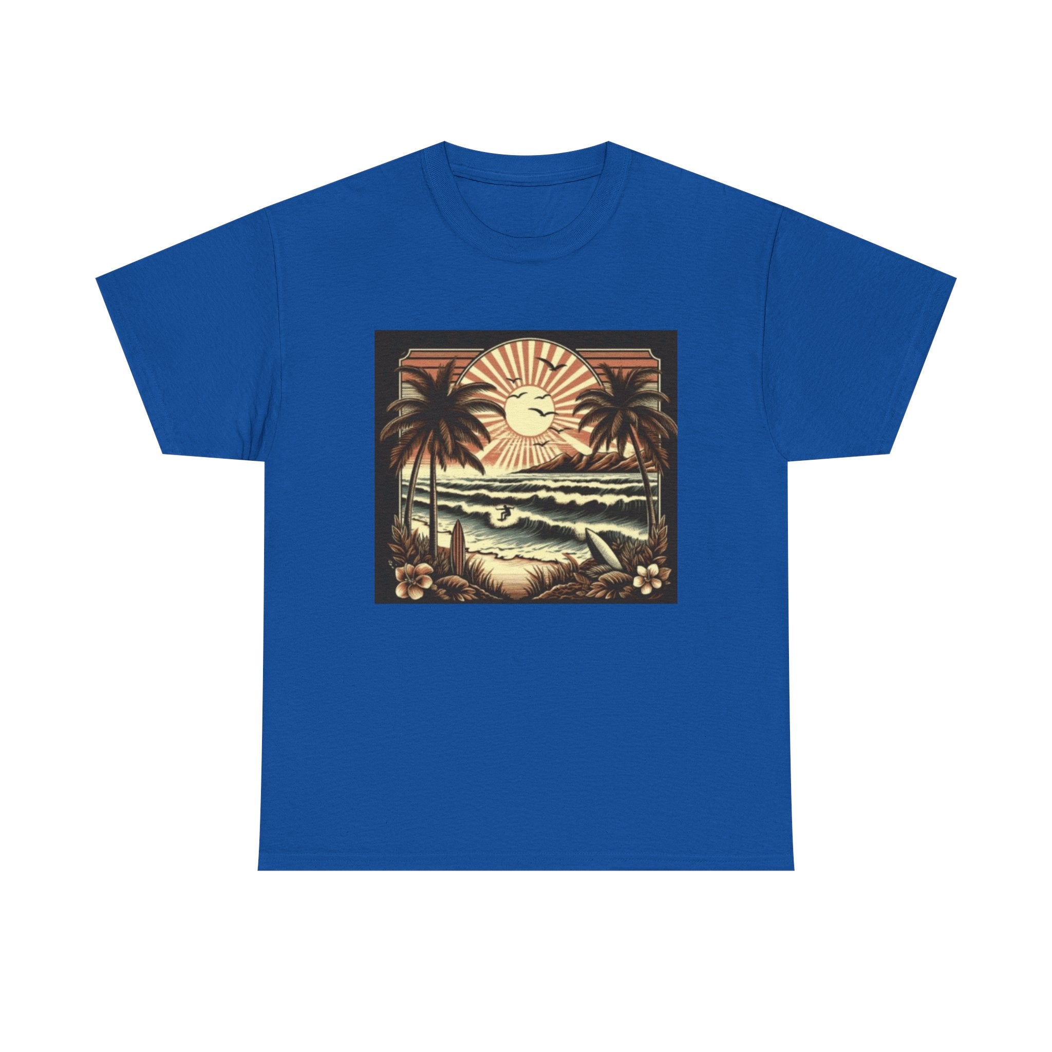 Retro Tropical Beach T-Shirt — Vintage Palm Sunset Graphic Tee