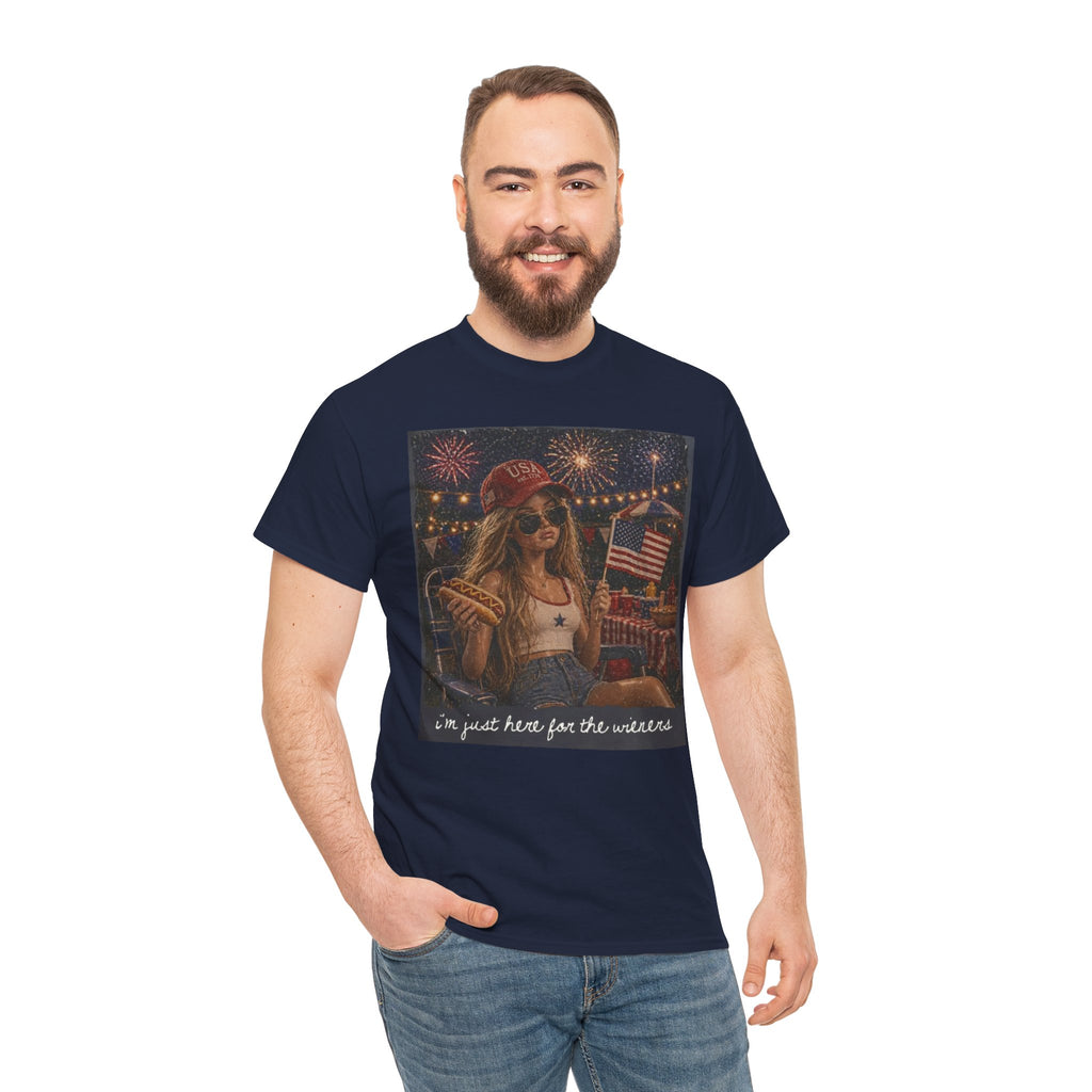 Patriotic Girl Graphic Tee — "I'm Just Here for the Fireworks" 4th of July Shirt