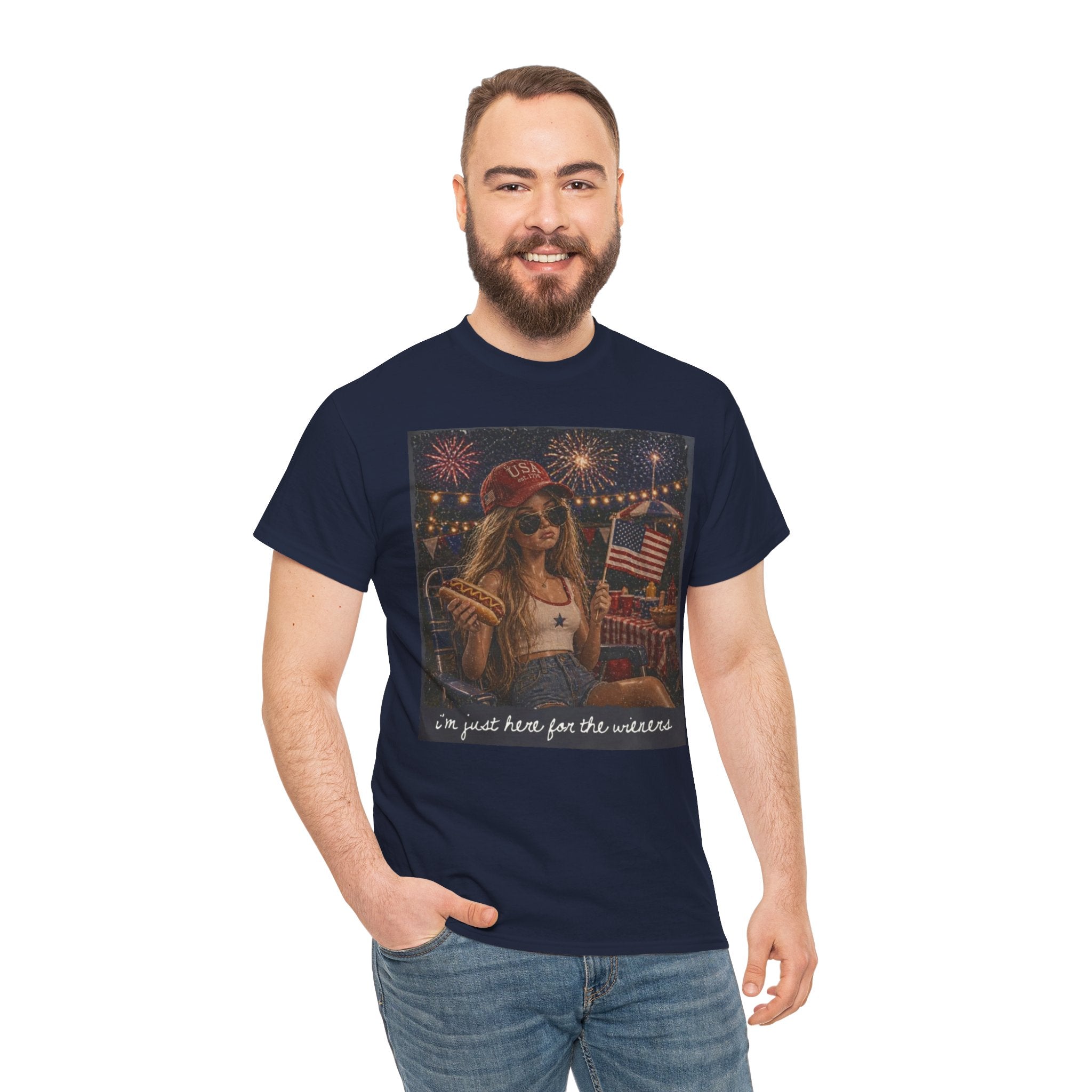 Patriotic Girl Graphic Tee — "I'm Just Here for the Fireworks" 4th of July Shirt