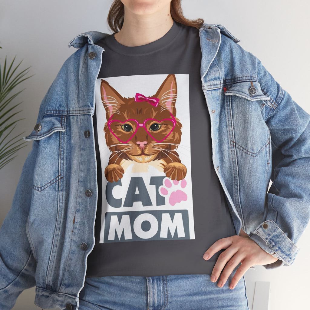 Cat Mom T-Shirt — Cute Cat Face Graphic Tee with "CAT MOM" Paw Print