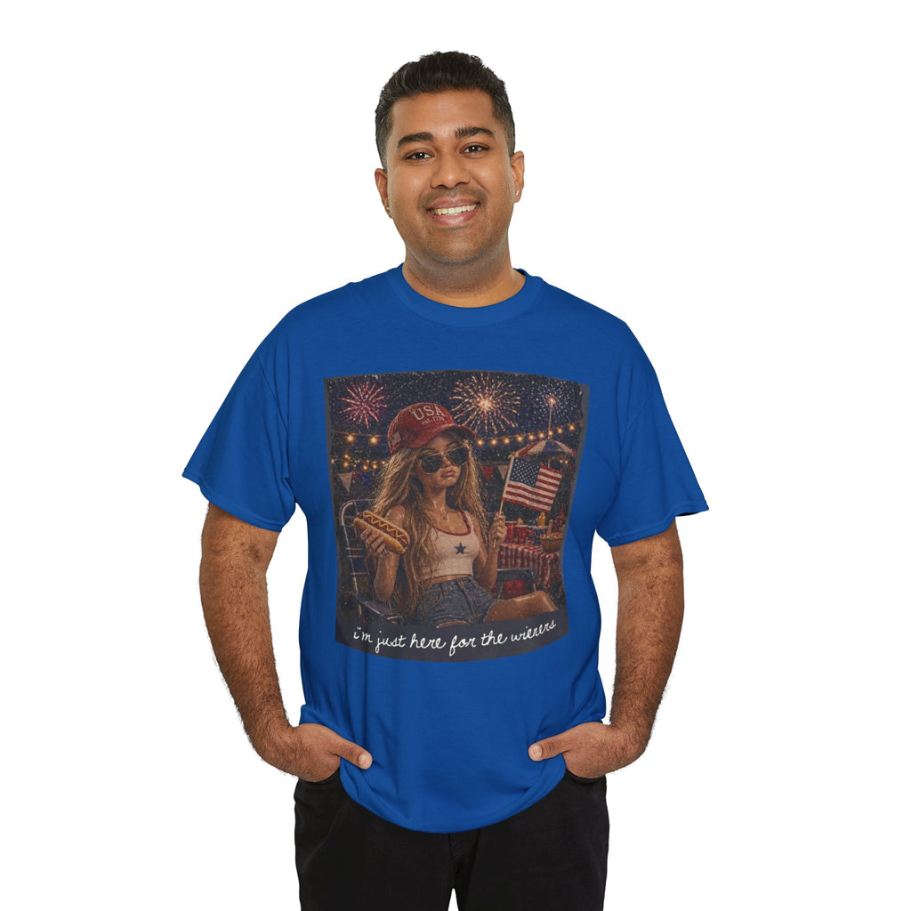 Patriotic Girl Graphic Tee — "I'm Just Here for the Fireworks" 4th of July Shirt