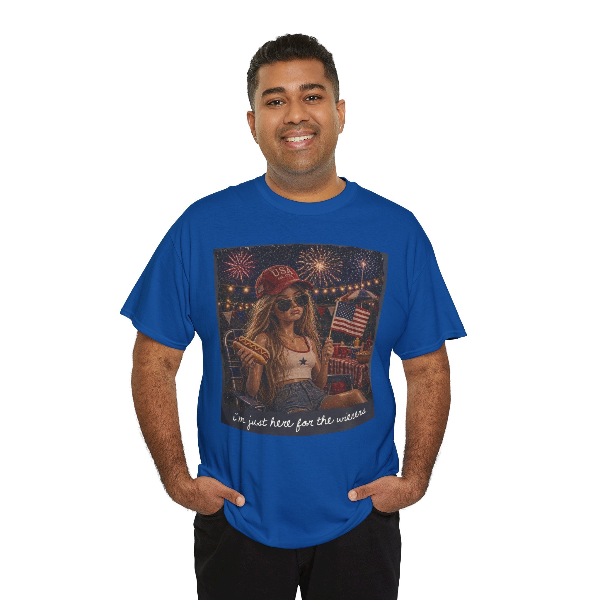 Patriotic Girl Graphic Tee — "I'm Just Here for the Fireworks" 4th of July Shirt