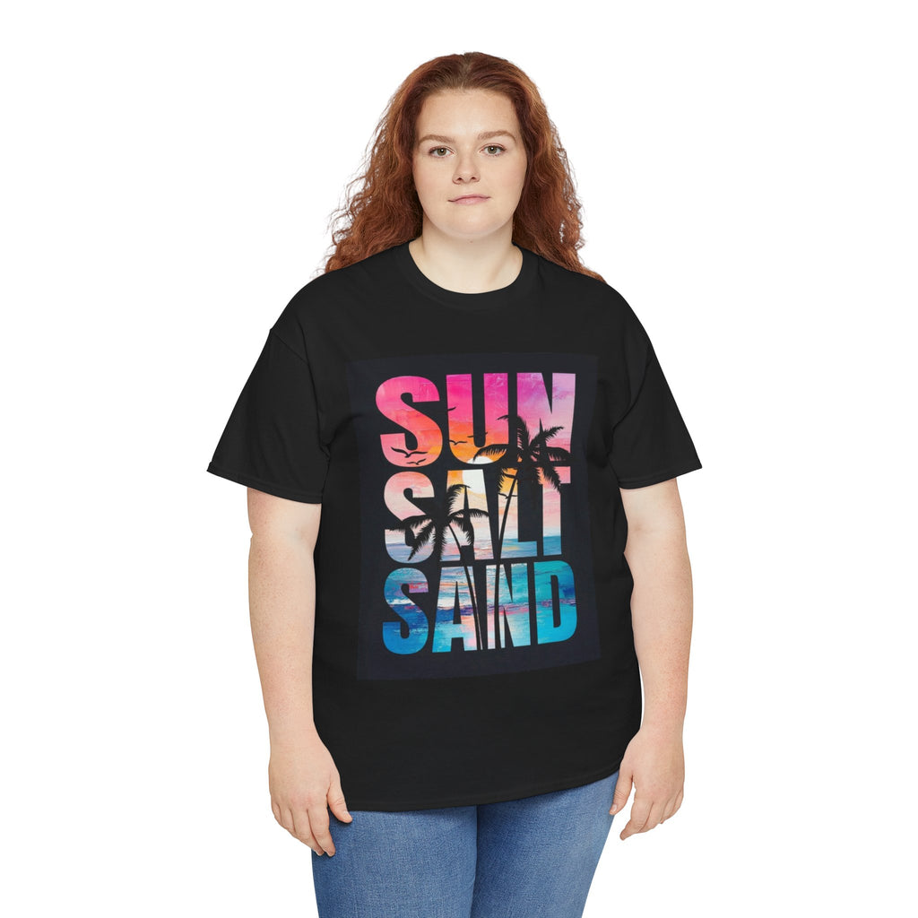 Sun Salt Sand Beach T-Shirt — Tropical Palm Sunset Graphic Tee