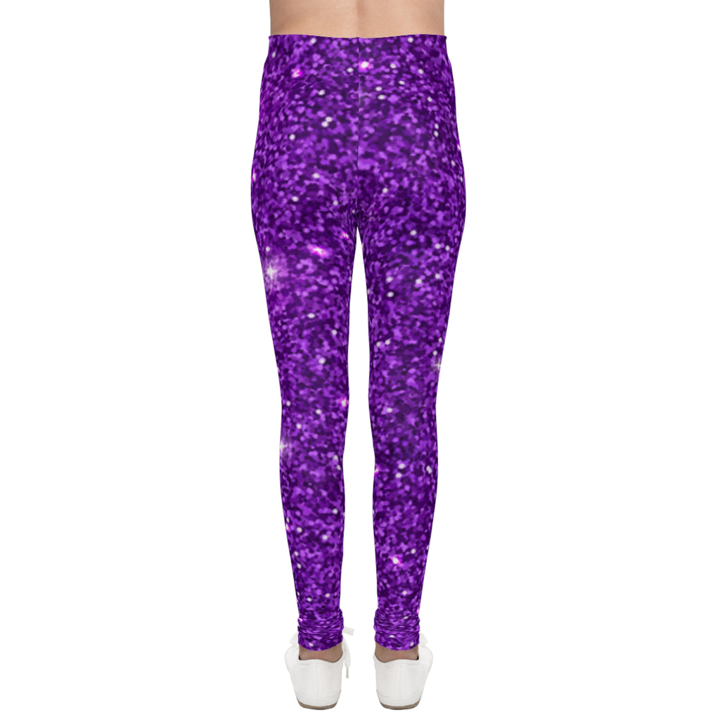 Purple Glitter Youth Leggings – Sparkle All-Over Print for Girls