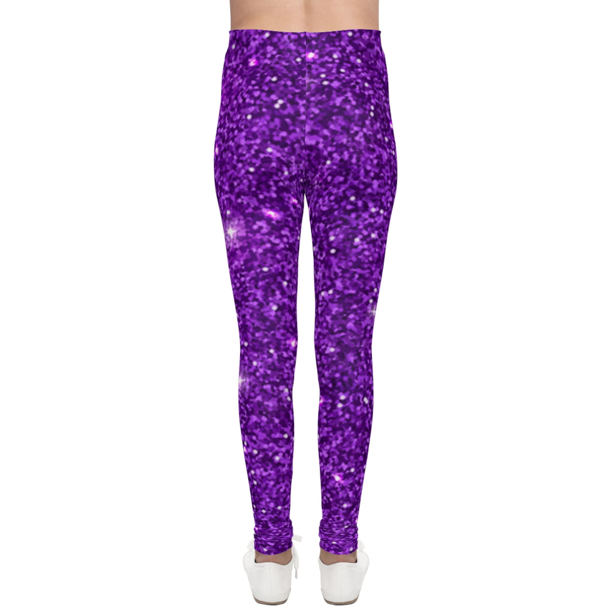Purple Glitter Youth Leggings – Sparkle All-Over Print for Girls