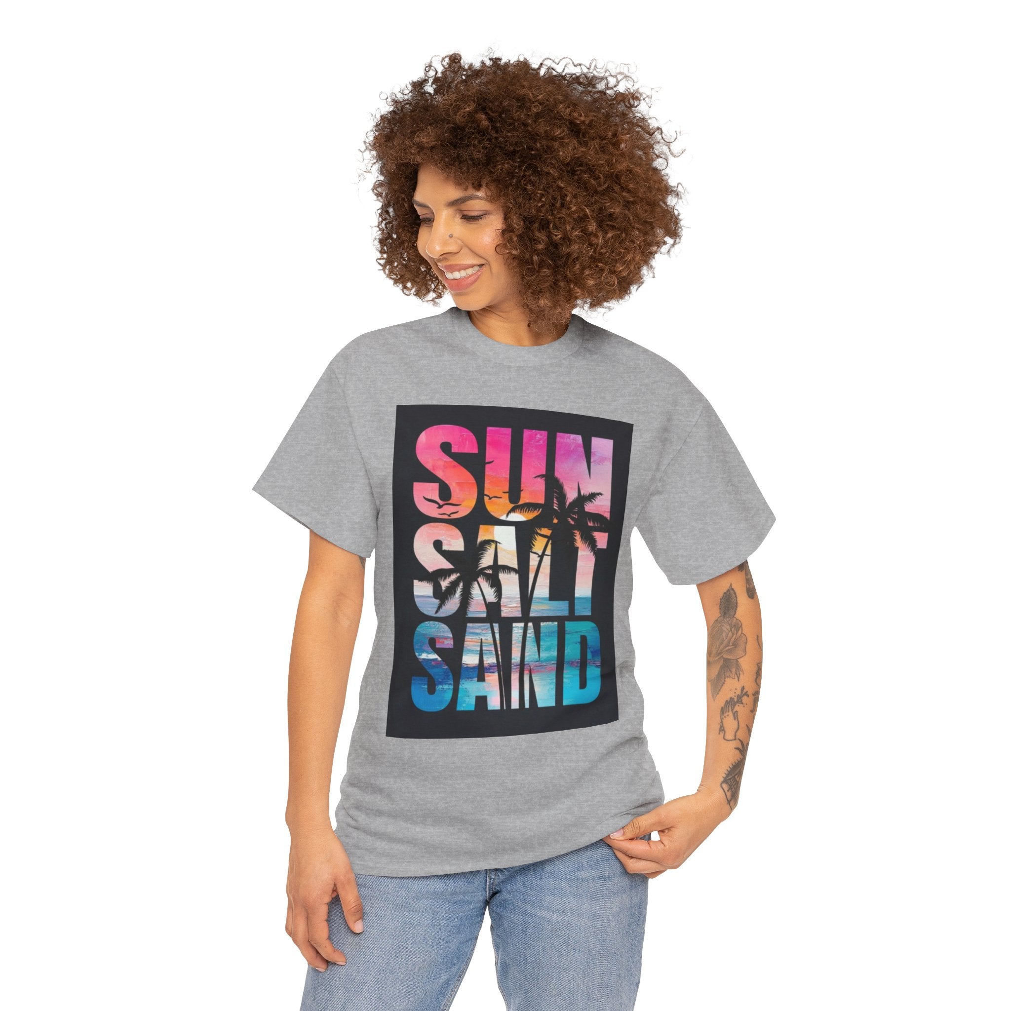 Sun Salt Sand Beach T-Shirt — Tropical Palm Sunset Graphic Tee