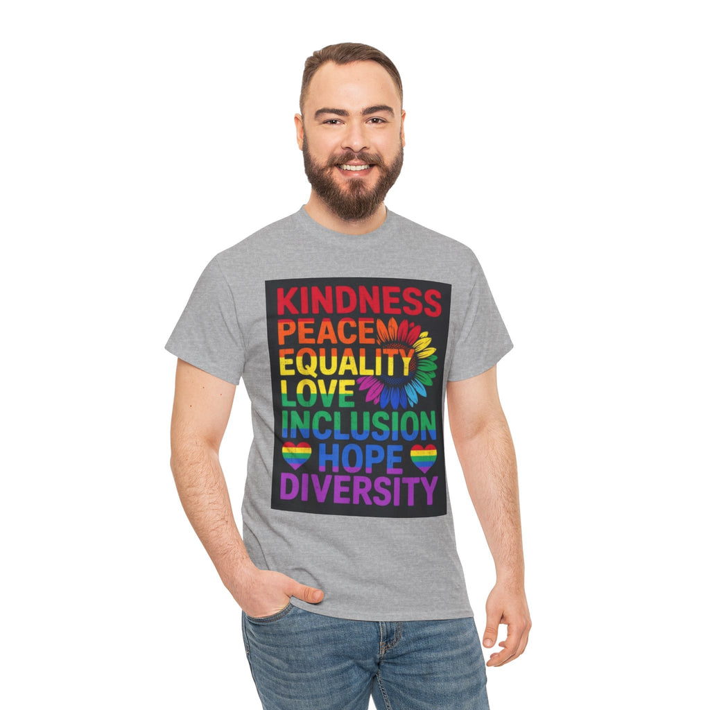 Kindness Peace Equality Rainbow T-Shirt — Pride Inclusion & Diversity Tee