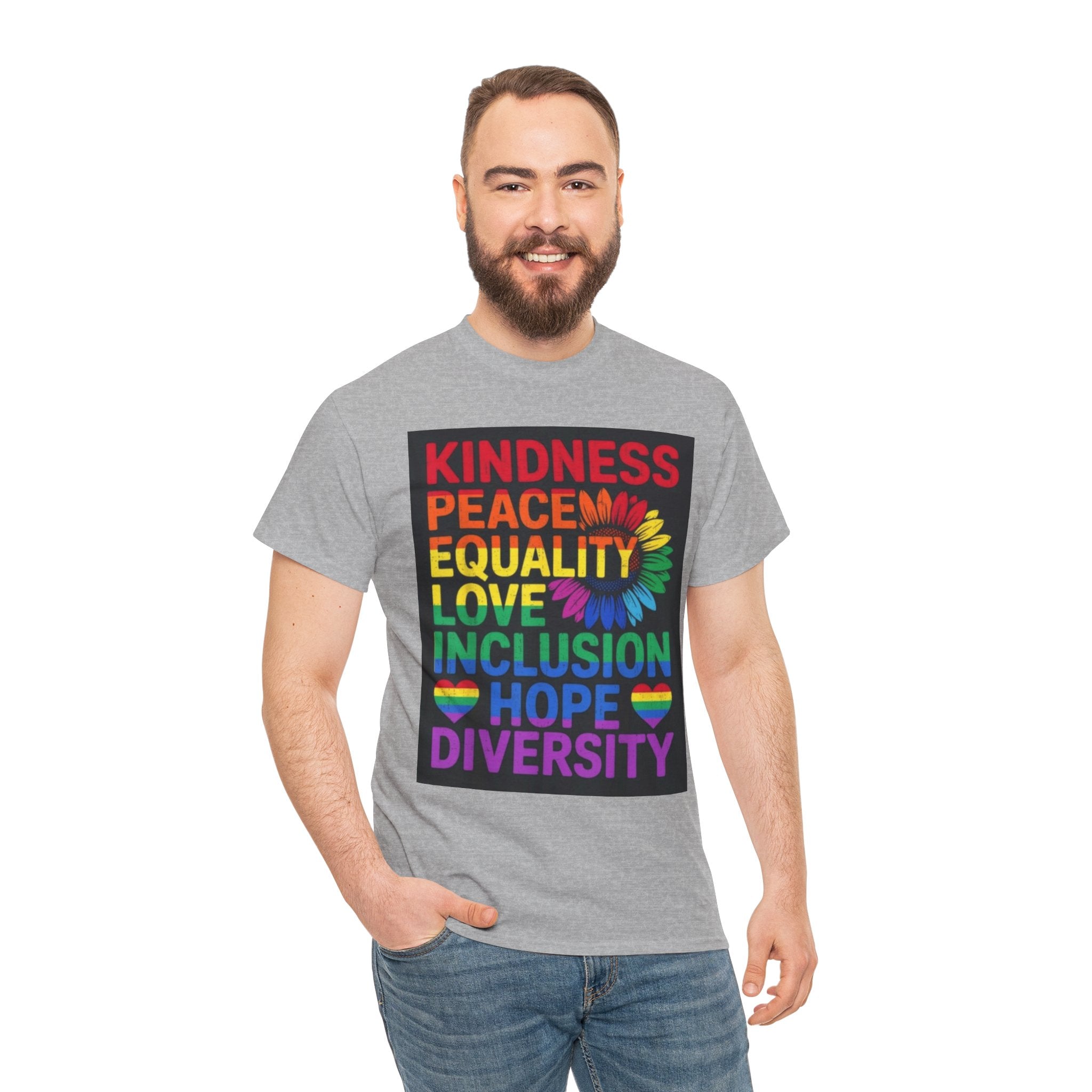 Kindness Peace Equality Rainbow T-Shirt — Pride Inclusion & Diversity Tee
