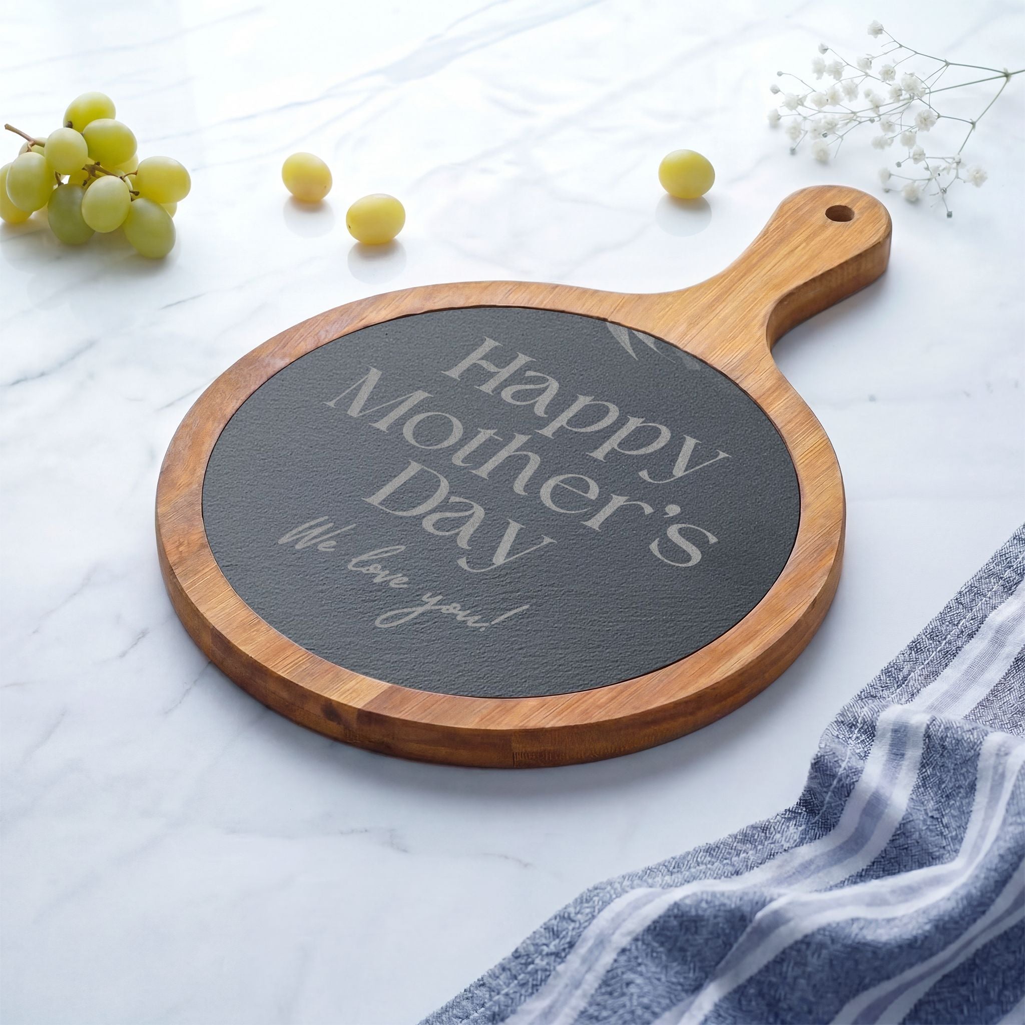 Engraved Mother's Day Charcuterie Board Set — Bamboo Cheese Board with Slate Inlay & Cheese Knives