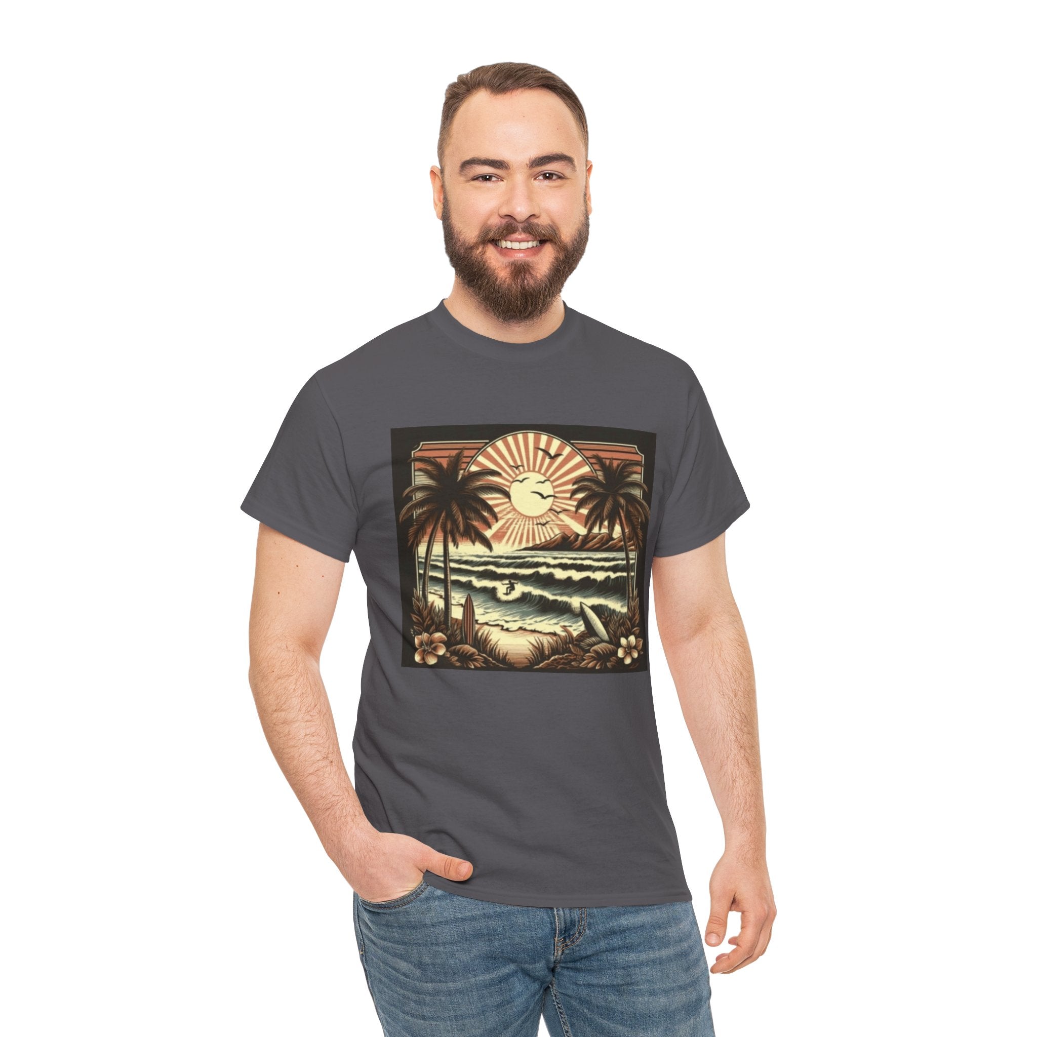 Retro Tropical Beach T-Shirt — Vintage Palm Sunset Graphic Tee