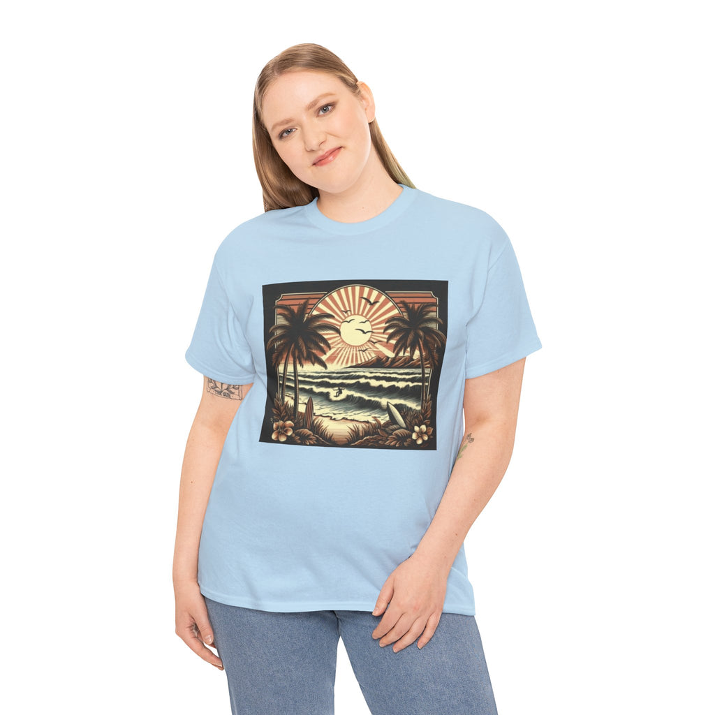 Retro Tropical Beach T-Shirt — Vintage Palm Sunset Graphic Tee