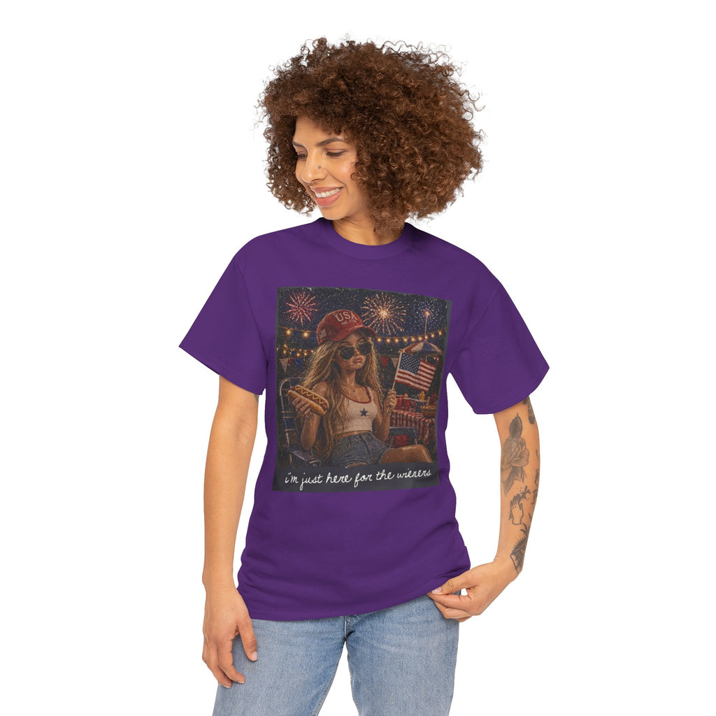Patriotic Girl Graphic Tee — "I'm Just Here for the Fireworks" 4th of July Shirt