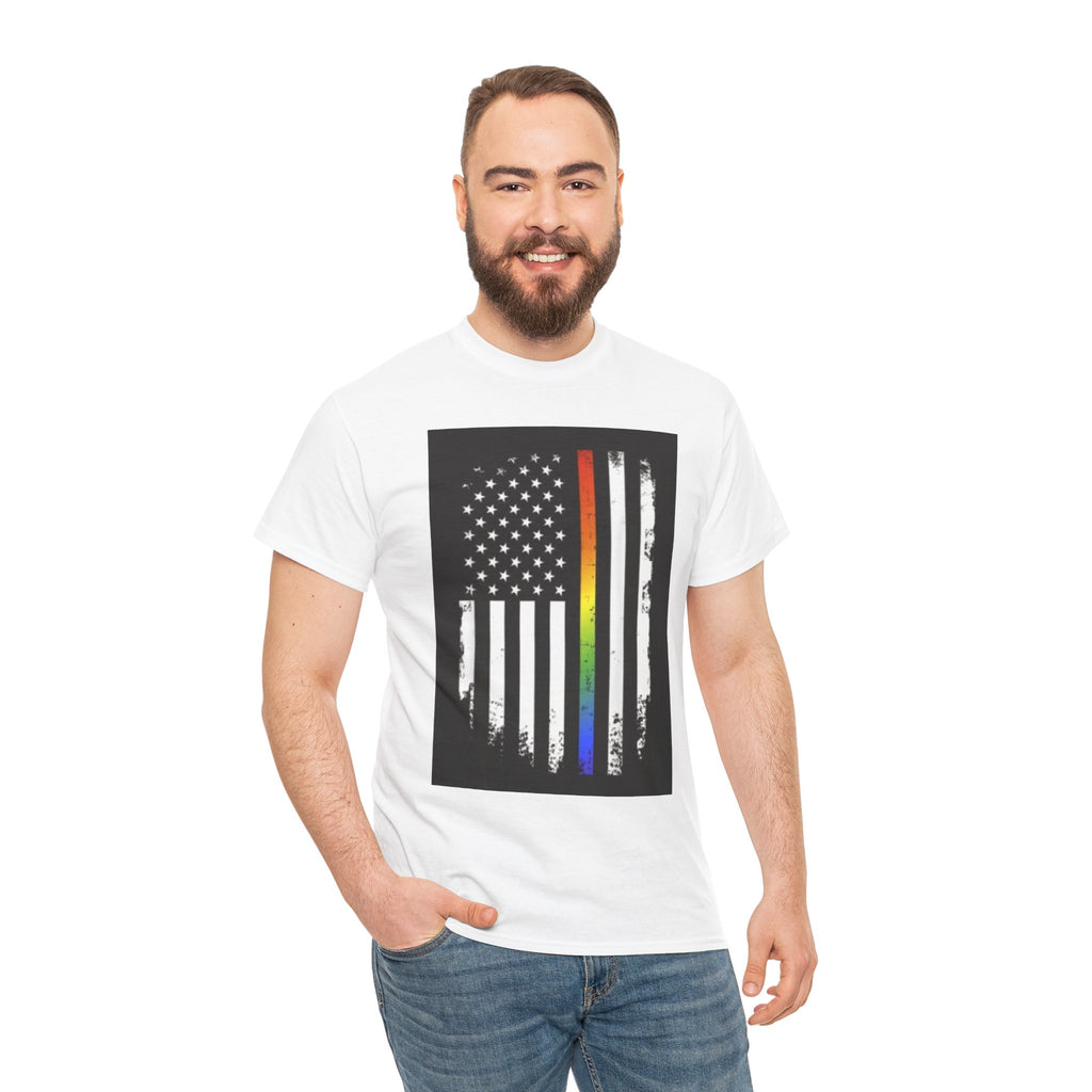 LGBTQ+ Pride Flag T‑Shirt — Distressed American Flag with Rainbow Stripe