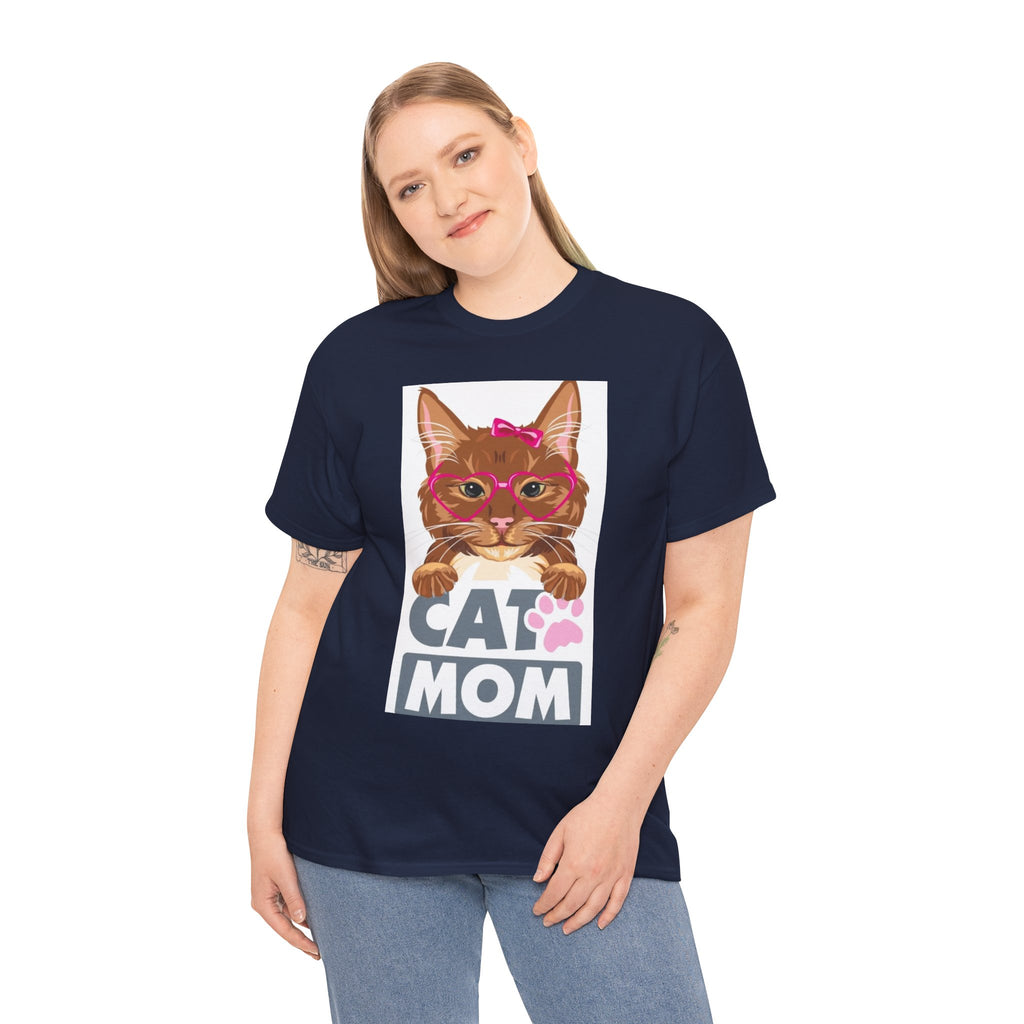 Cat Mom T-Shirt — Cute Cat Face Graphic Tee with "CAT MOM" Paw Print