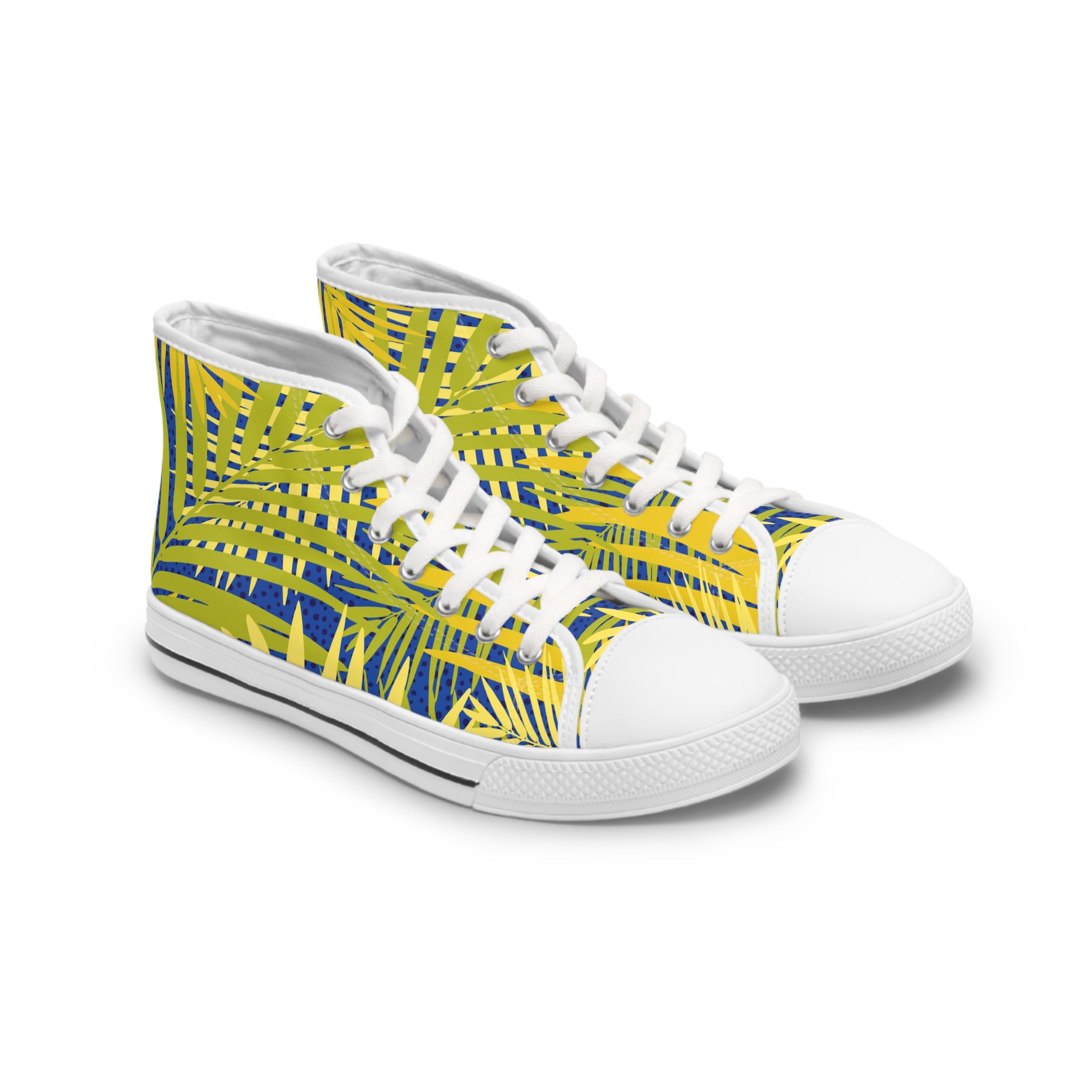 Tropical Palm High-Top Sneakers — Yellow & Blue Palm Leaf Women's Canvas Shoes
