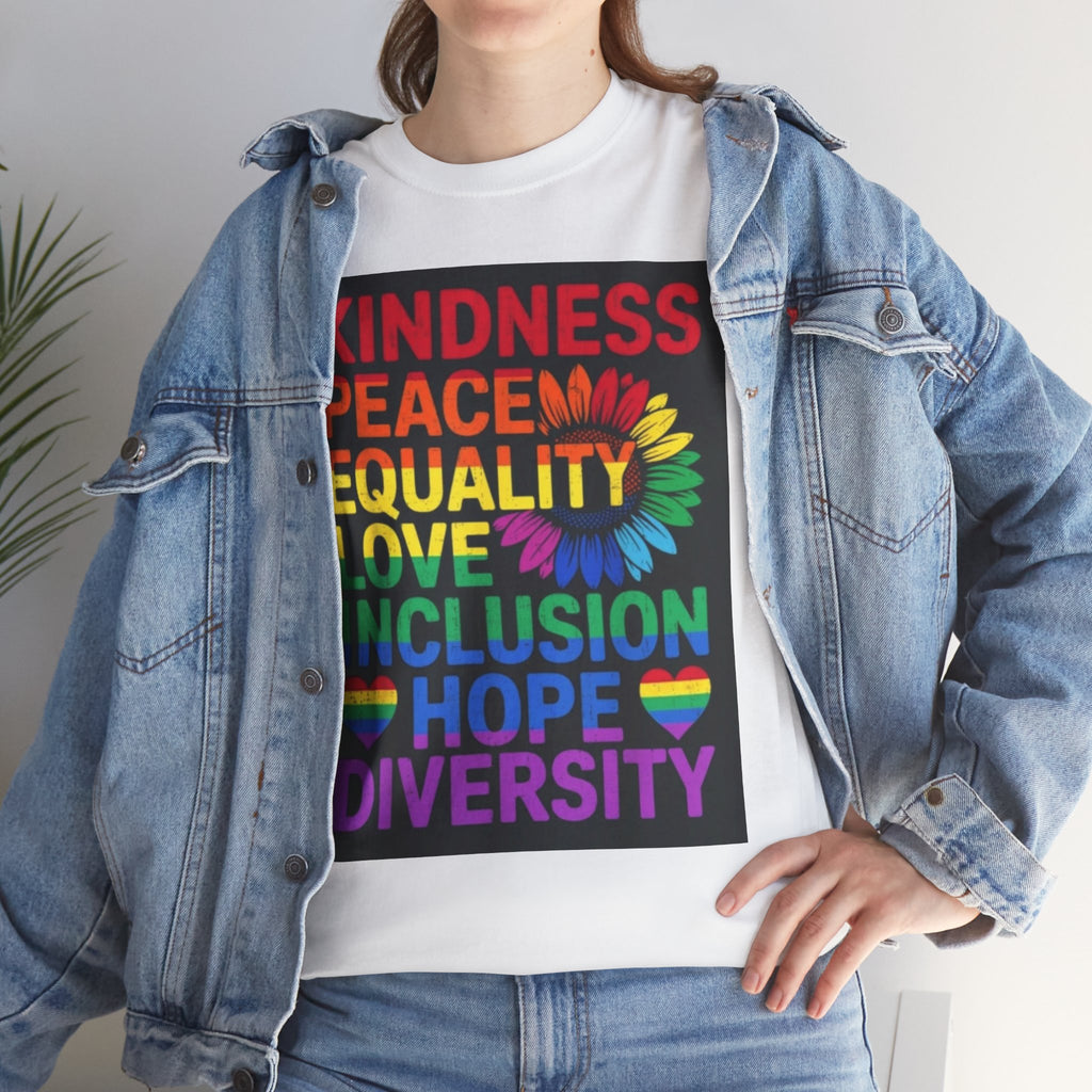 Kindness Peace Equality Rainbow T-Shirt — Pride Inclusion & Diversity Tee