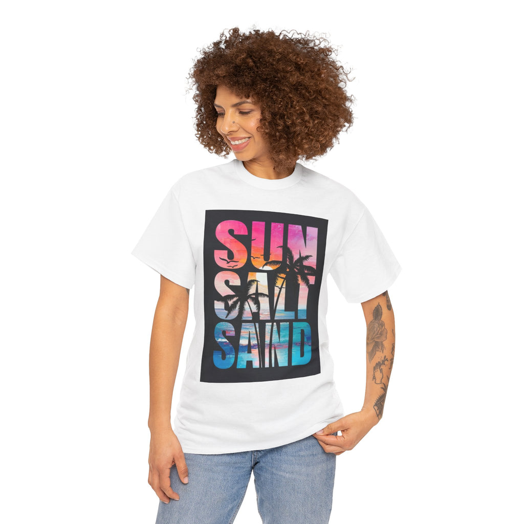 Sun Salt Sand Beach T-Shirt — Tropical Palm Sunset Graphic Tee