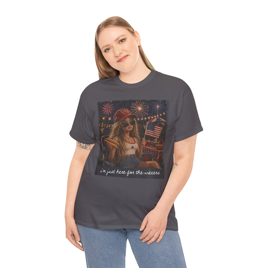Patriotic Girl Graphic Tee — "I'm Just Here for the Fireworks" 4th of July Shirt