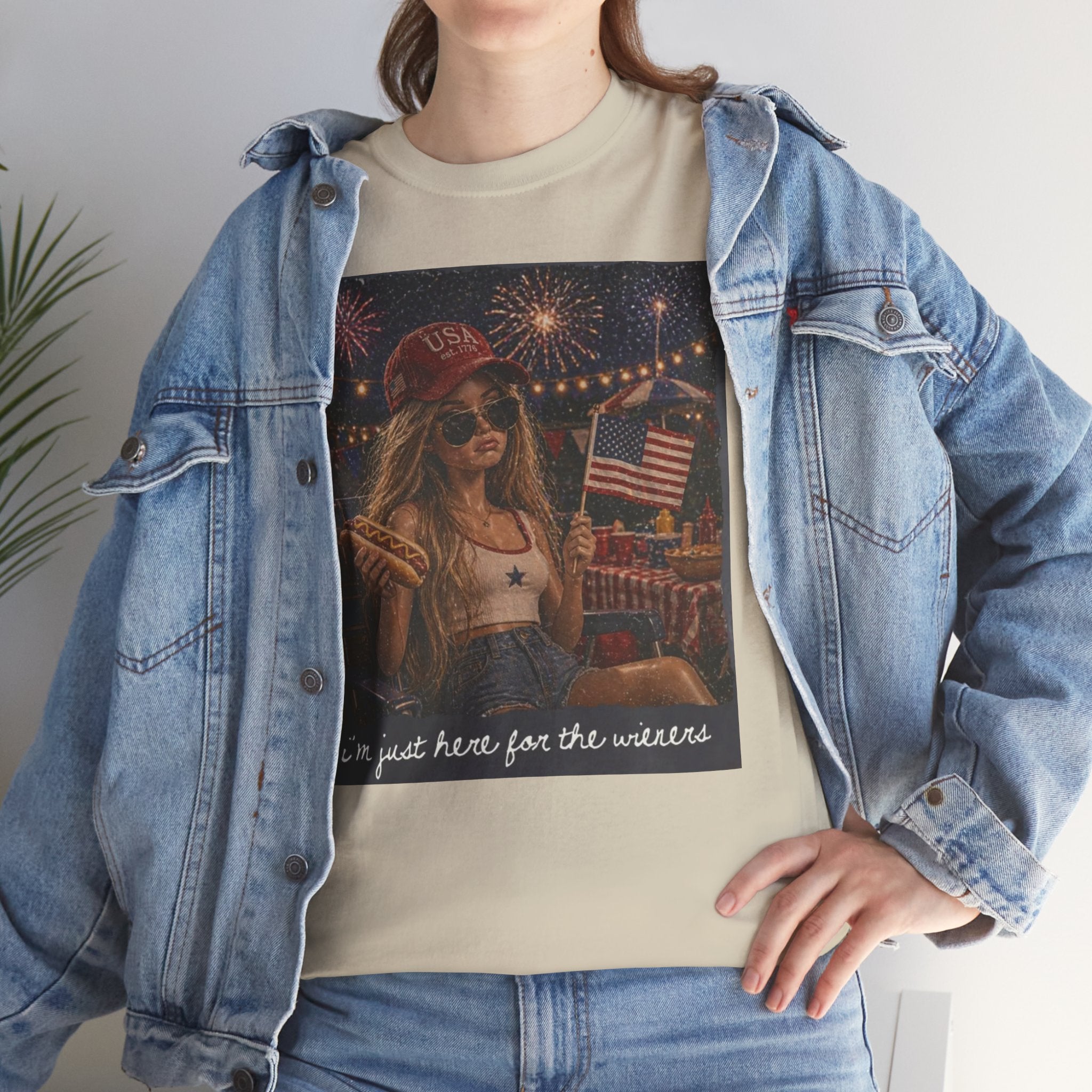 Patriotic Girl Graphic Tee — "I'm Just Here for the Fireworks" 4th of July Shirt