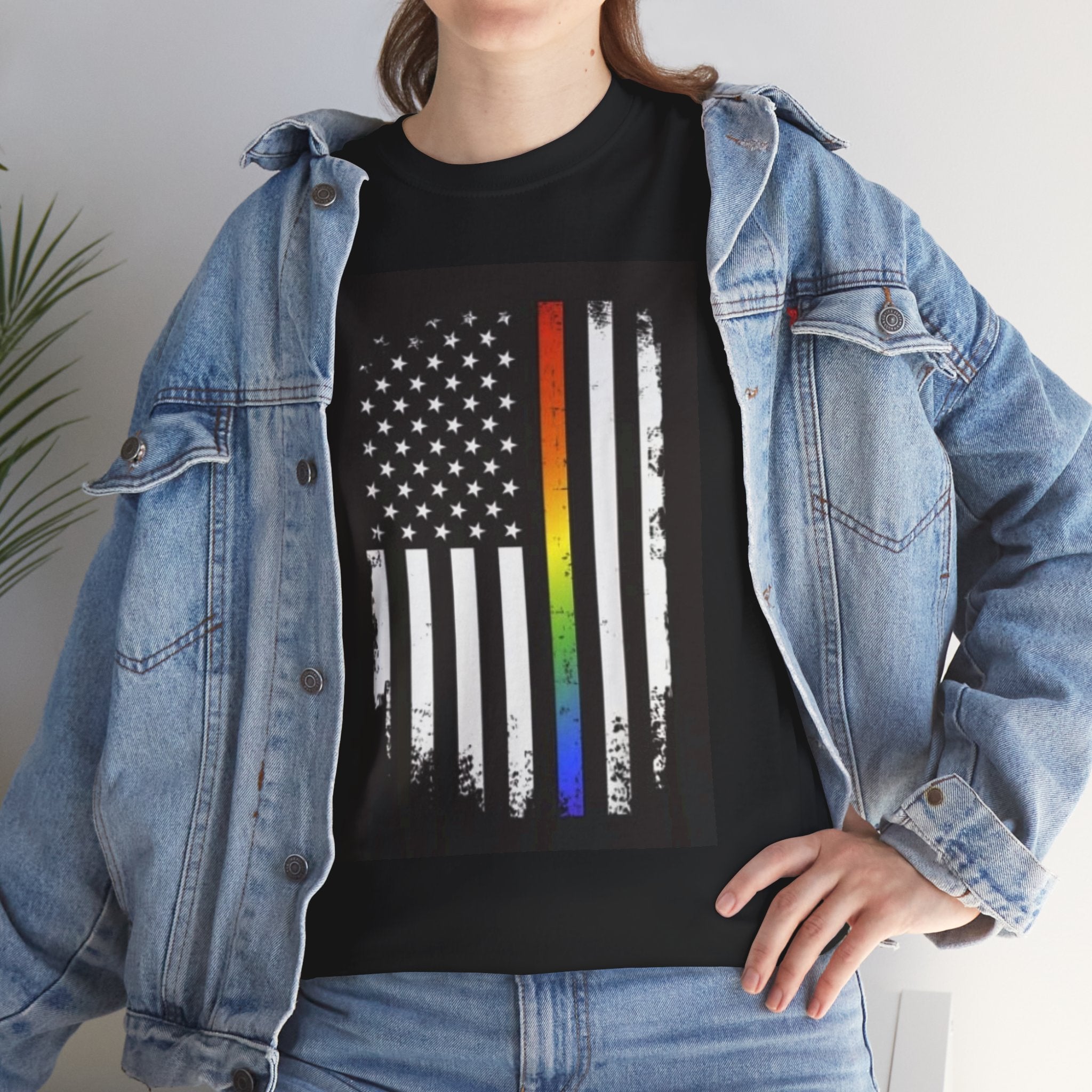 LGBTQ+ Pride Flag T‑Shirt — Distressed American Flag with Rainbow Stripe