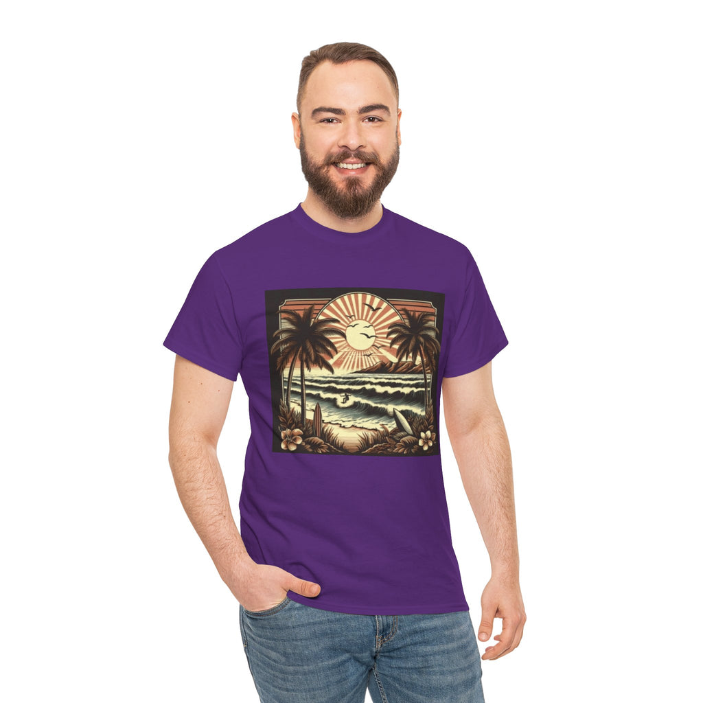 Retro Tropical Beach T-Shirt — Vintage Palm Sunset Graphic Tee