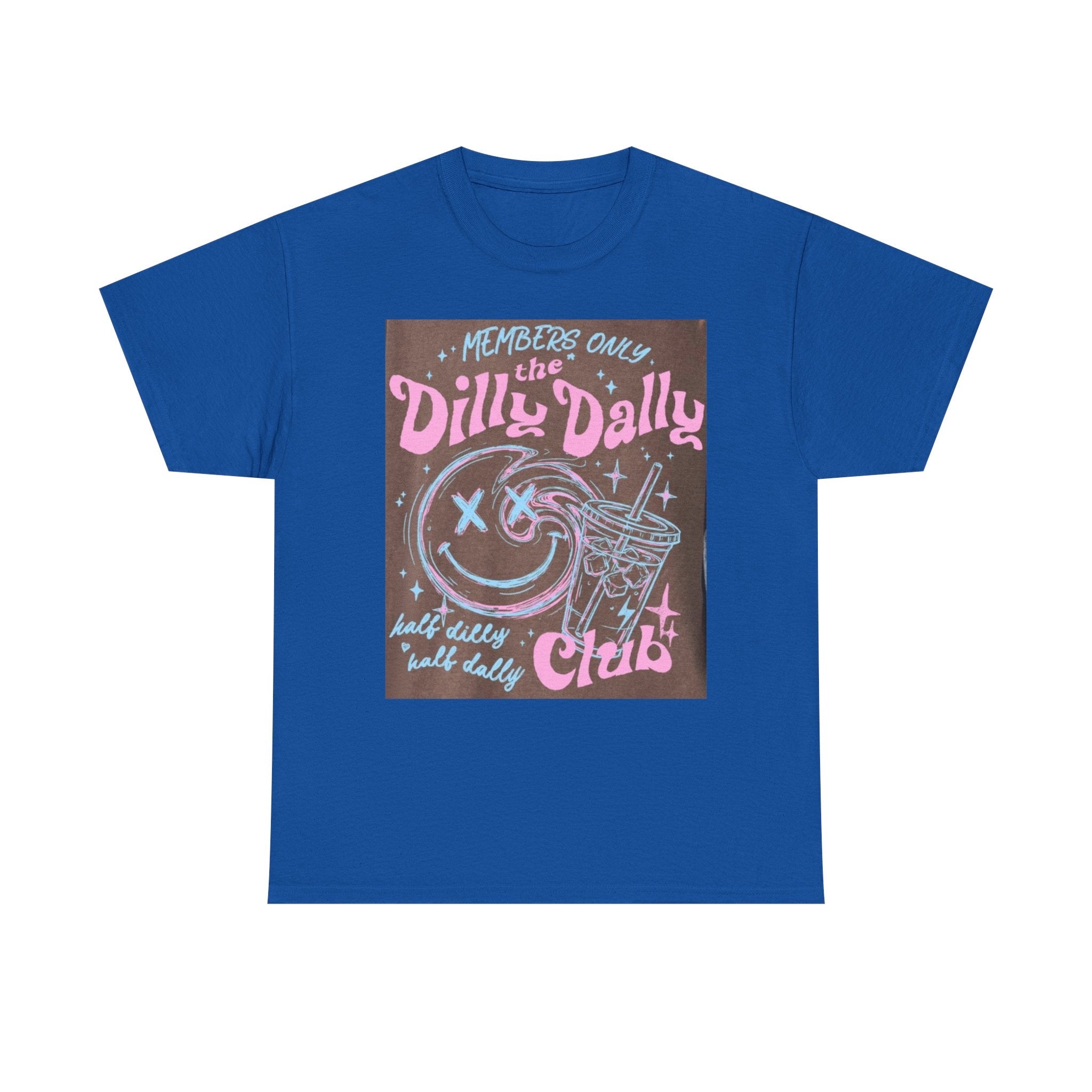 Dilly Dally Club Graphic Tee — Retro Pastel Drink & Moon Design