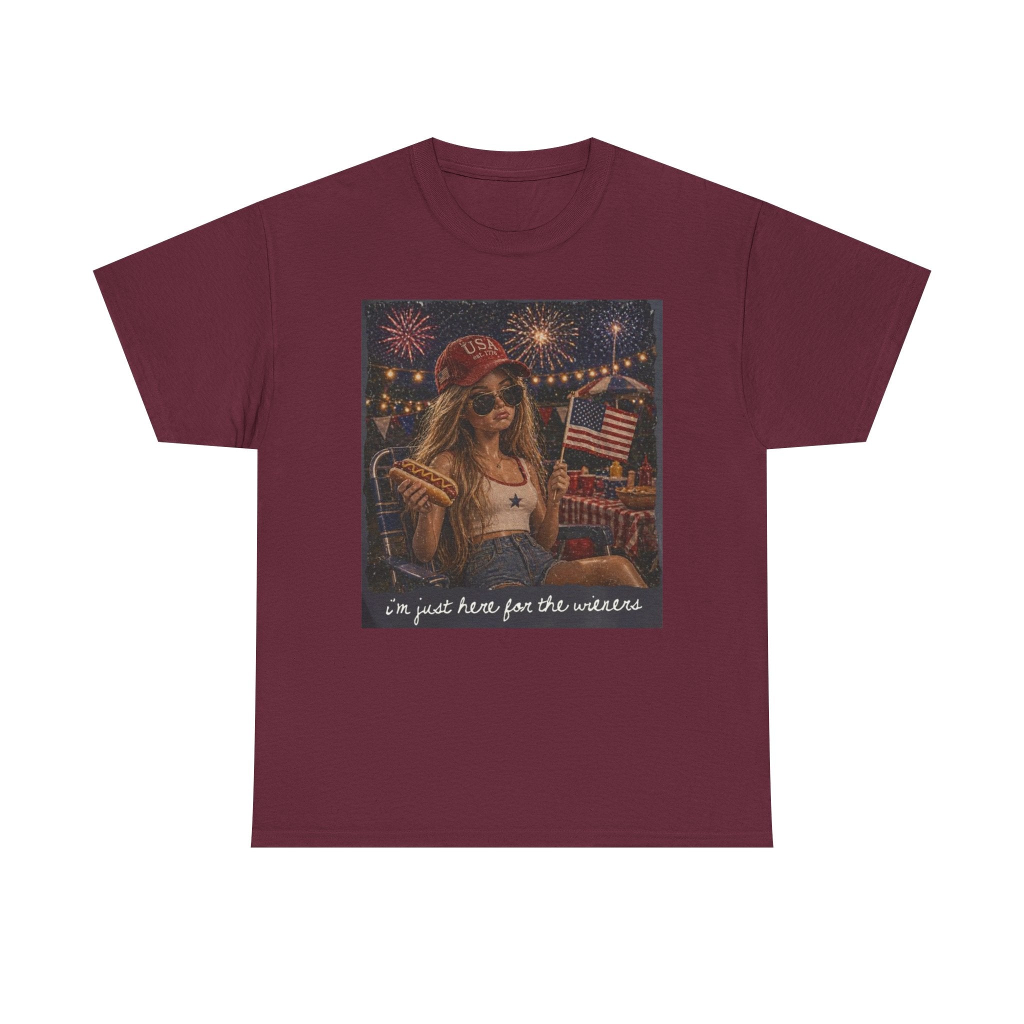 Patriotic Girl Graphic Tee — "I'm Just Here for the Fireworks" 4th of July Shirt