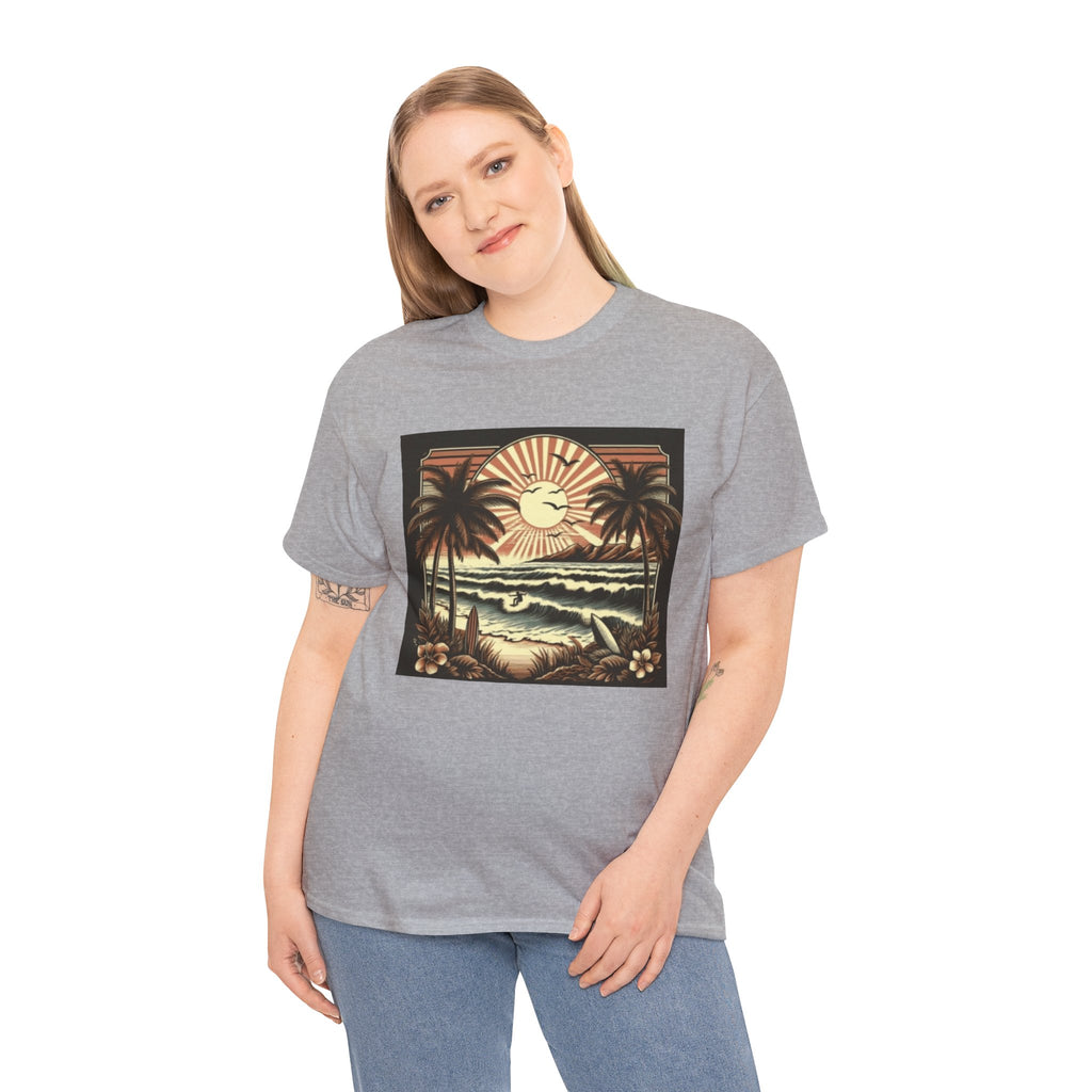 Retro Tropical Beach T-Shirt — Vintage Palm Sunset Graphic Tee