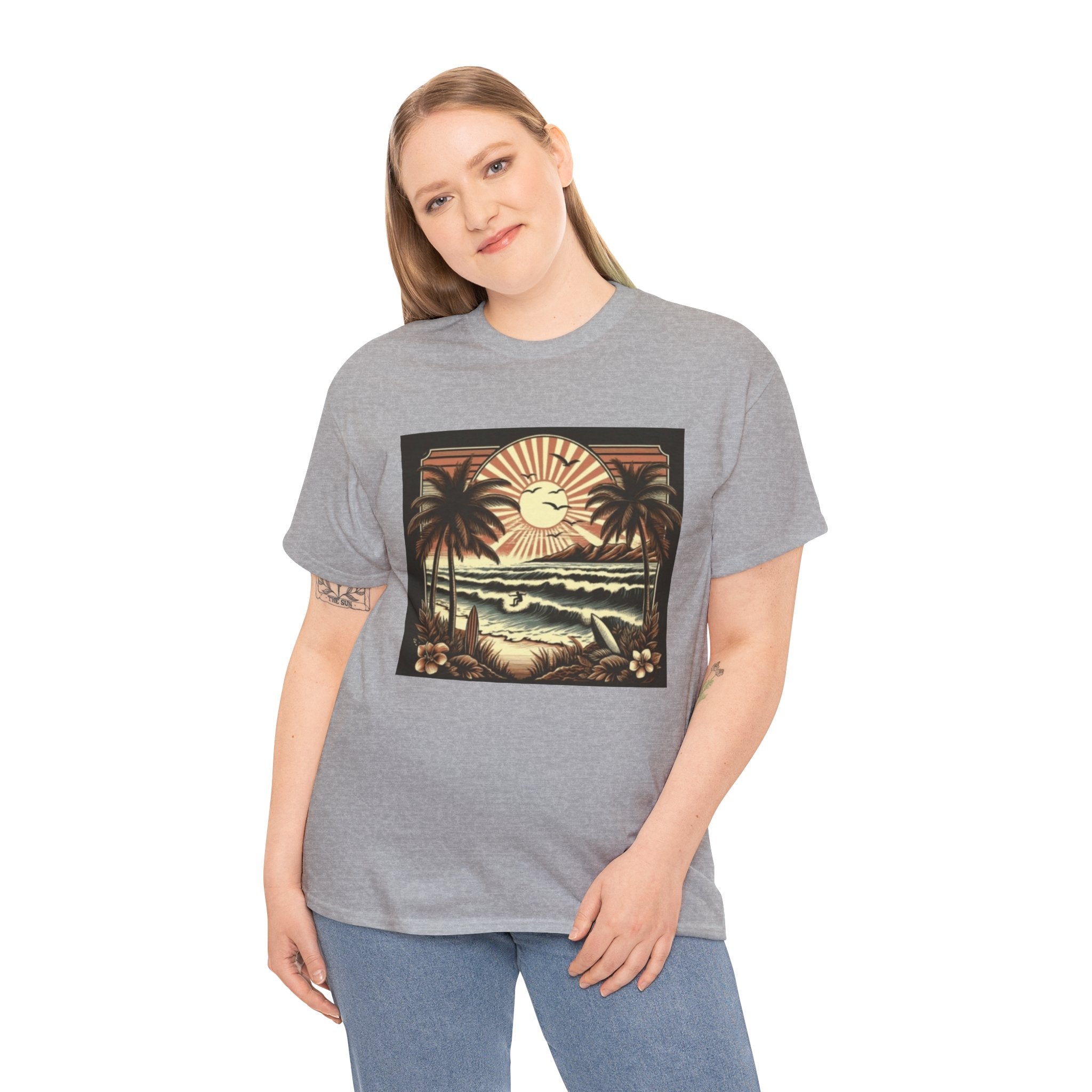 Retro Tropical Beach T-Shirt — Vintage Palm Sunset Graphic Tee
