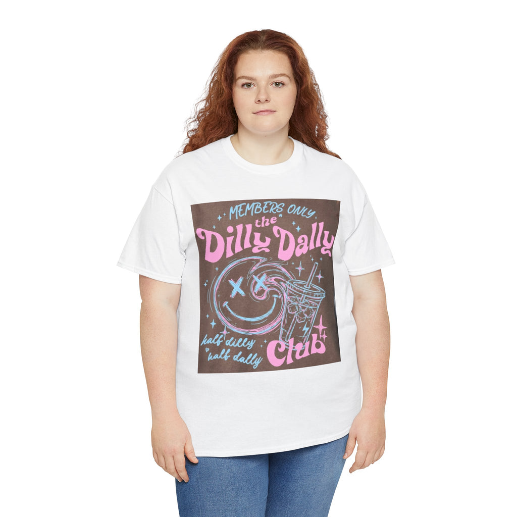 Dilly Dally Club Graphic Tee — Retro Pastel Drink & Moon Design