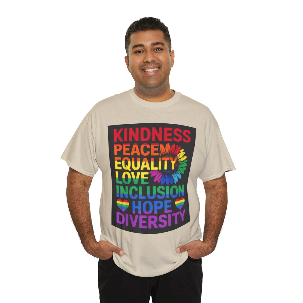 Kindness Peace Equality Rainbow T-Shirt — Pride Inclusion & Diversity Tee