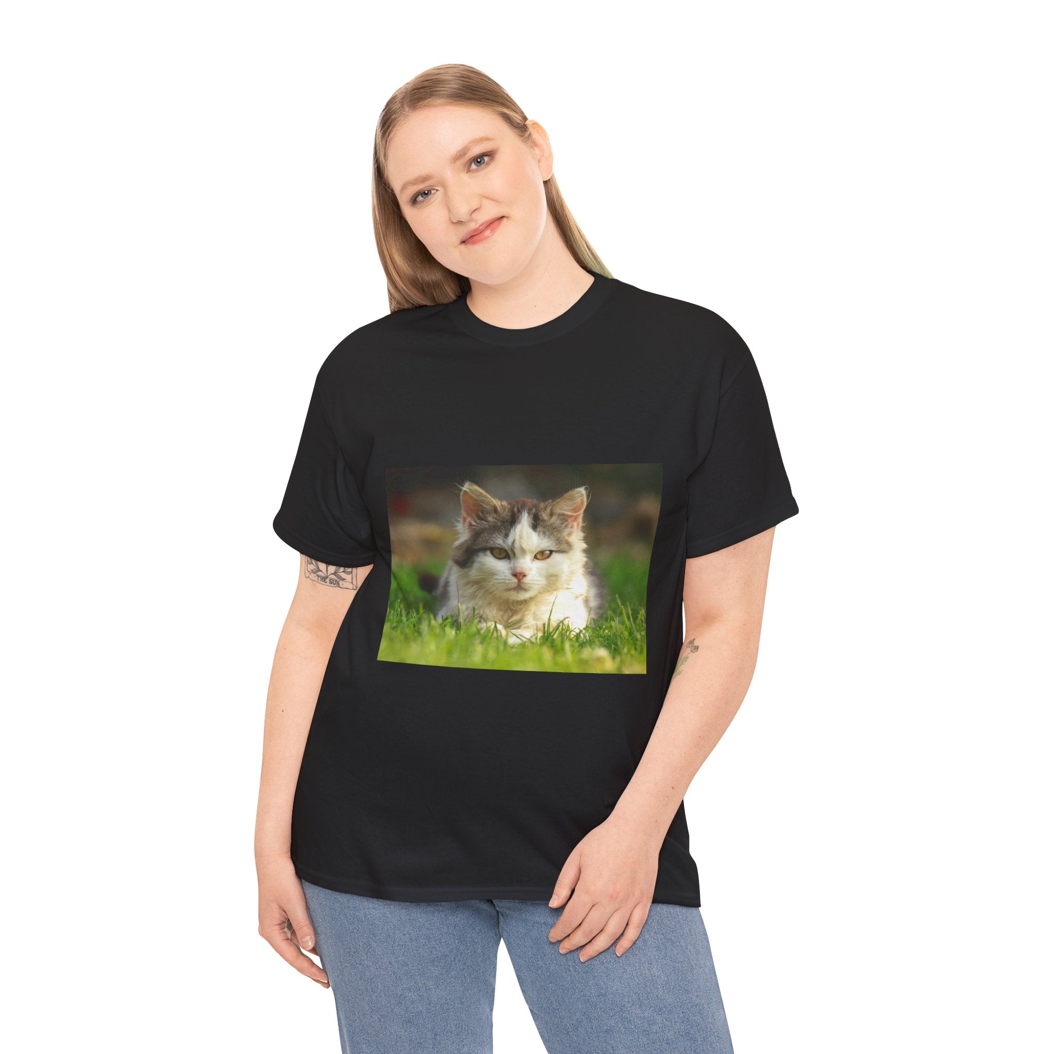 Cat Photo Tee — Relaxed Cat Lying in Grass T-Shirt