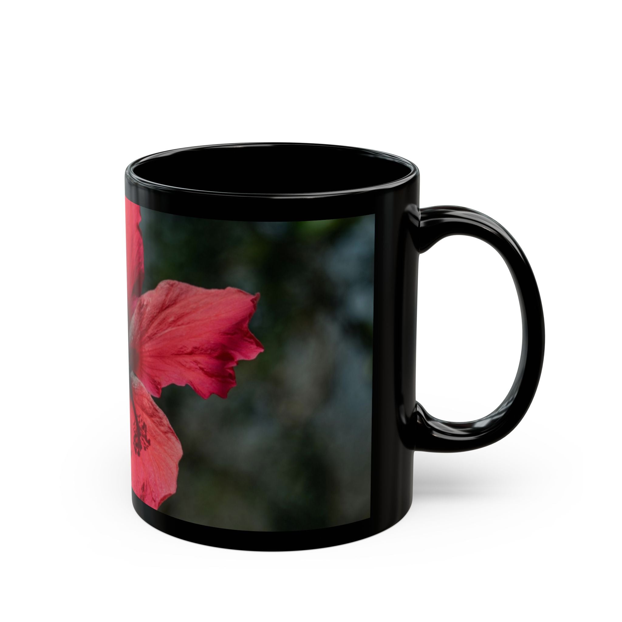 Hibiscus Floral Black Mug - Tropical Red Flower Coffee Cup (11oz/15oz)
