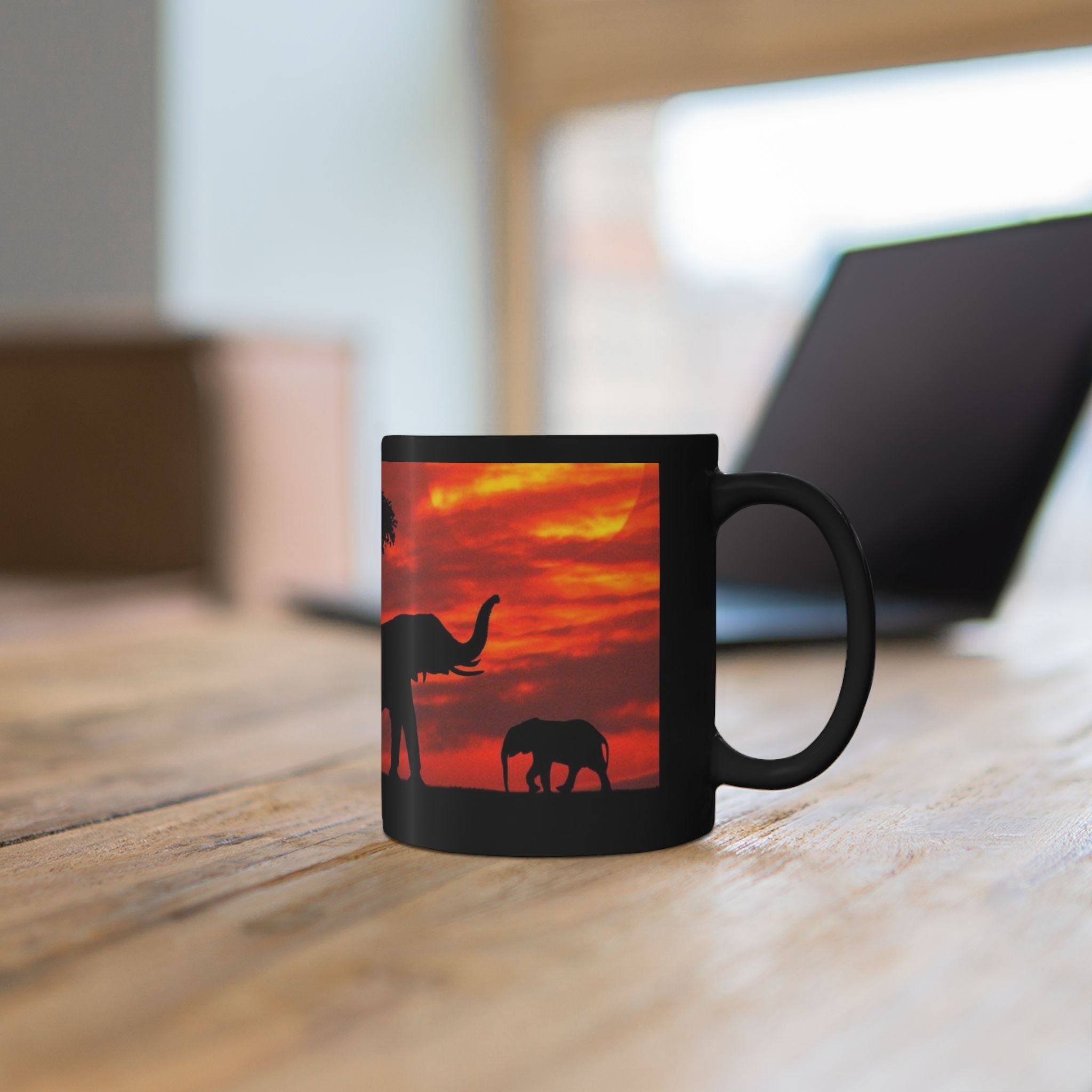 Elephant Sunset Mug — African Safari Silhouette Coffee Cup (11oz/15oz)