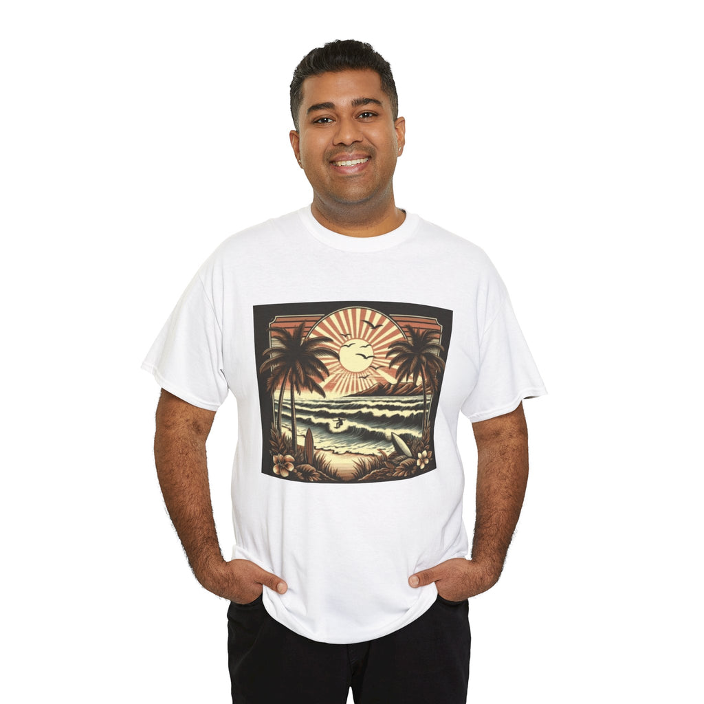 Retro Tropical Beach T-Shirt — Vintage Palm Sunset Graphic Tee