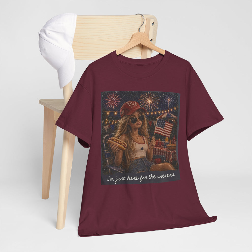 Patriotic Girl Graphic Tee — "I'm Just Here for the Fireworks" 4th of July Shirt