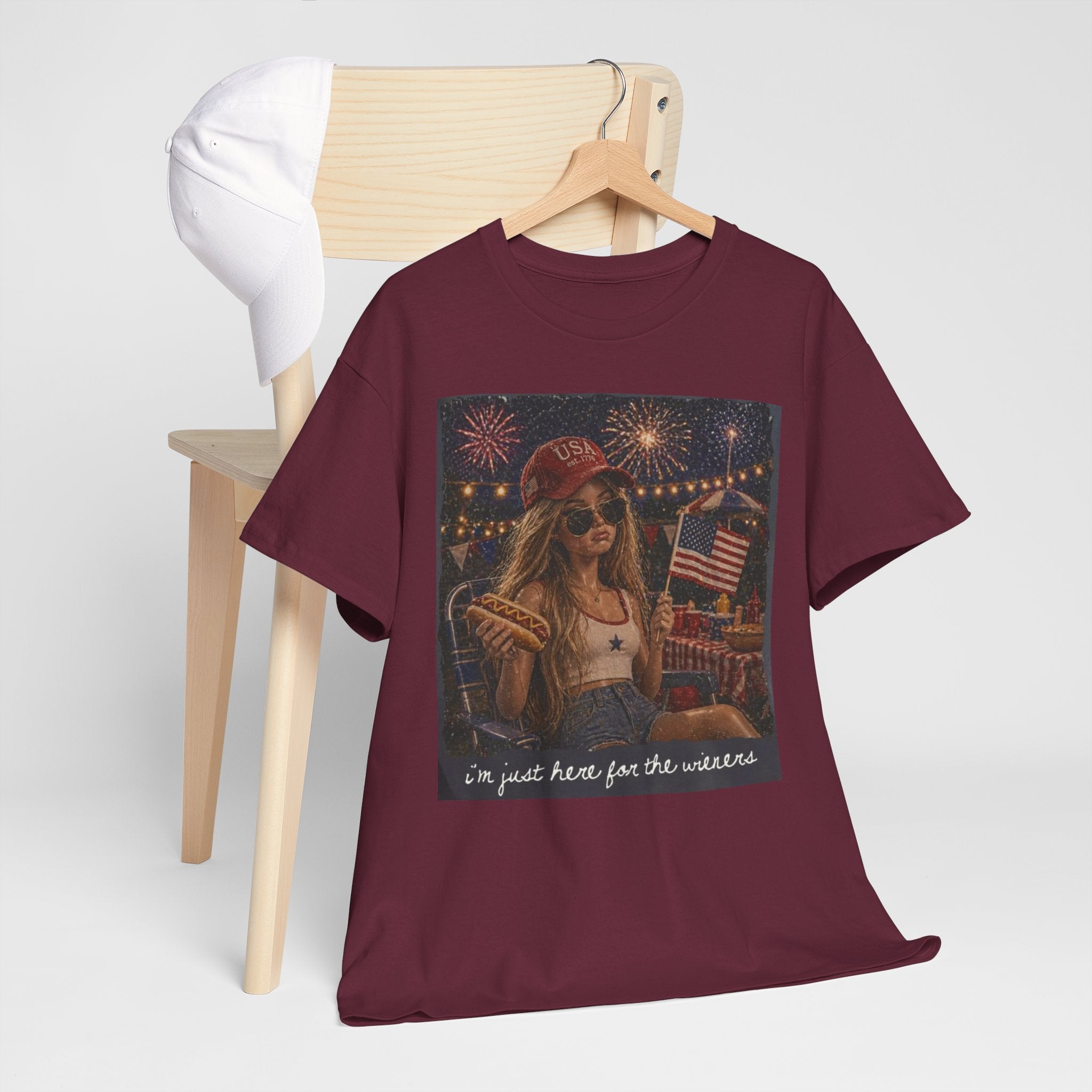 Patriotic Girl Graphic Tee — "I'm Just Here for the Fireworks" 4th of July Shirt