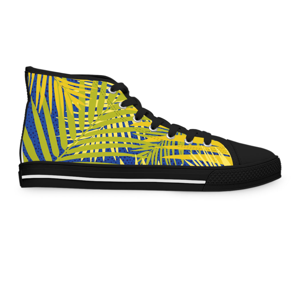 Tropical Palm High-Top Sneakers — Yellow & Blue Palm Leaf Women's Canvas Shoes