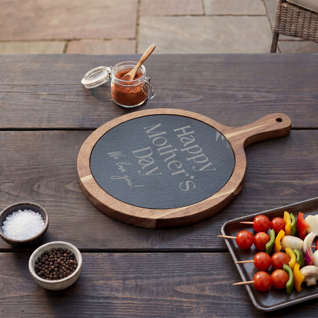 Engraved Mother's Day Charcuterie Board Set — Bamboo Cheese Board with Slate Inlay & Cheese Knives