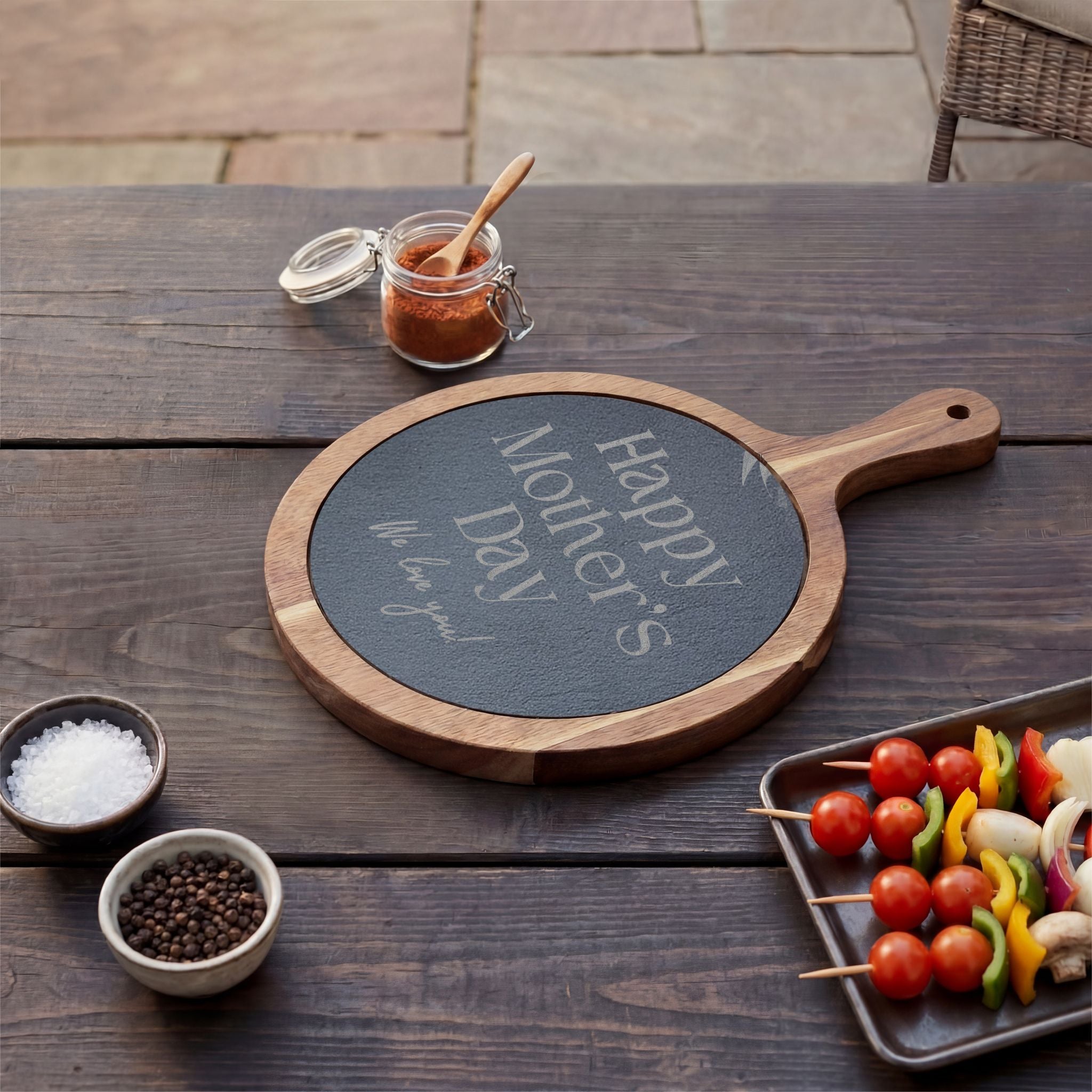 Engraved Mother's Day Charcuterie Board Set — Bamboo Cheese Board with Slate Inlay & Cheese Knives
