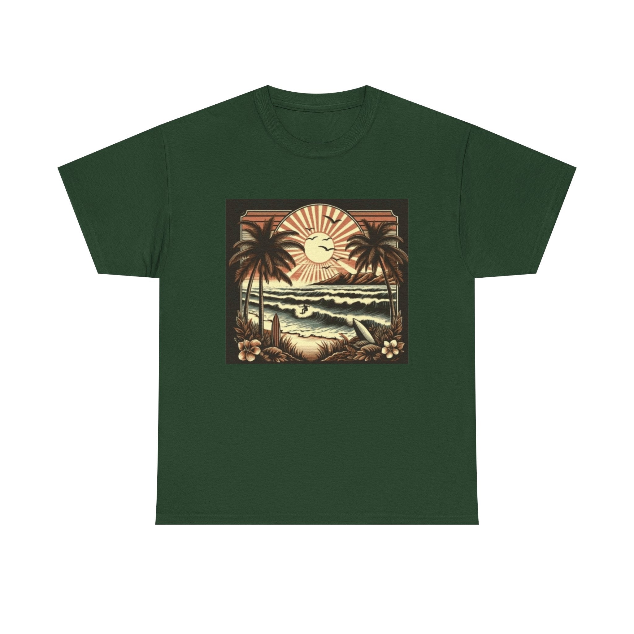 Retro Tropical Beach T-Shirt — Vintage Palm Sunset Graphic Tee