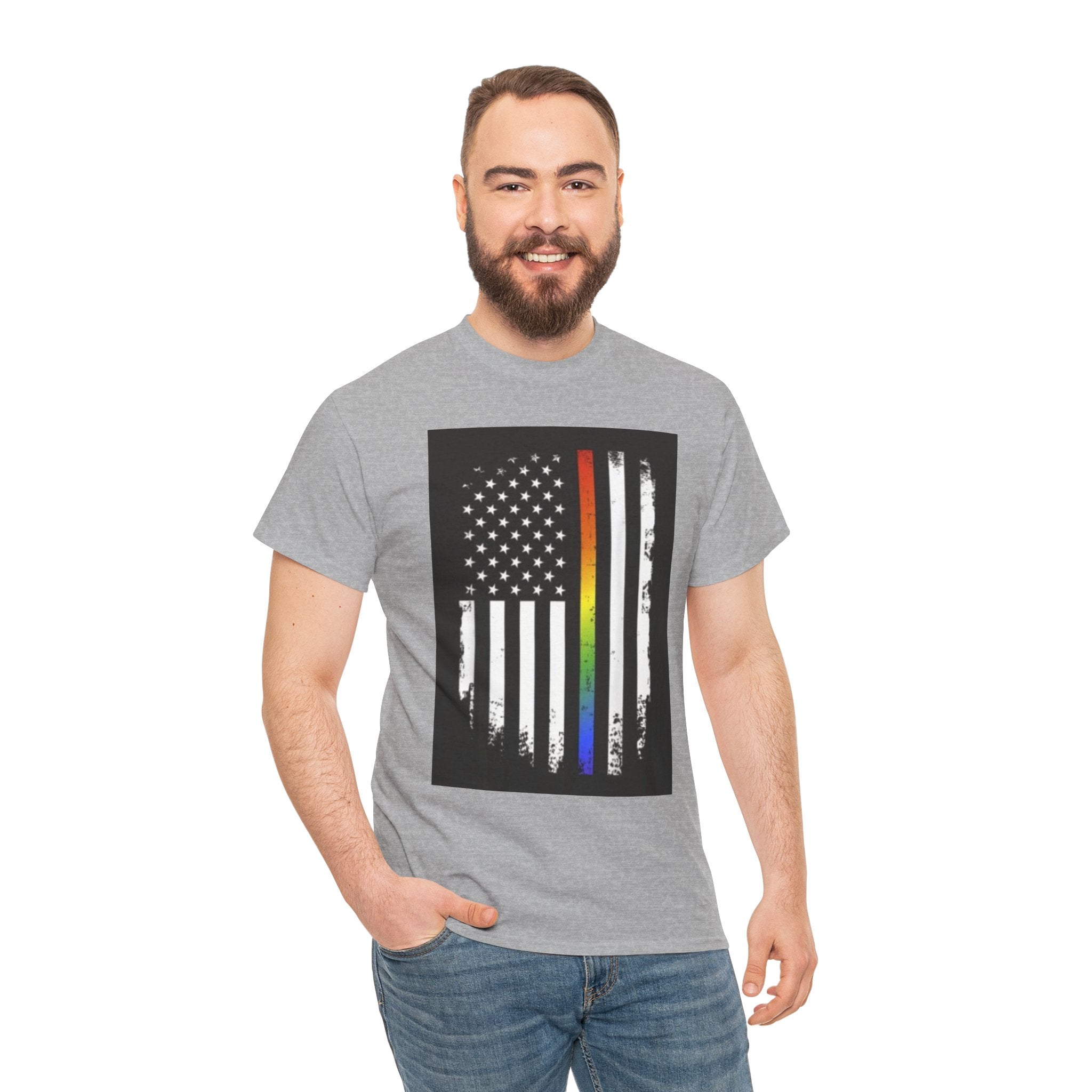 LGBTQ+ Pride Flag T‑Shirt — Distressed American Flag with Rainbow Stripe