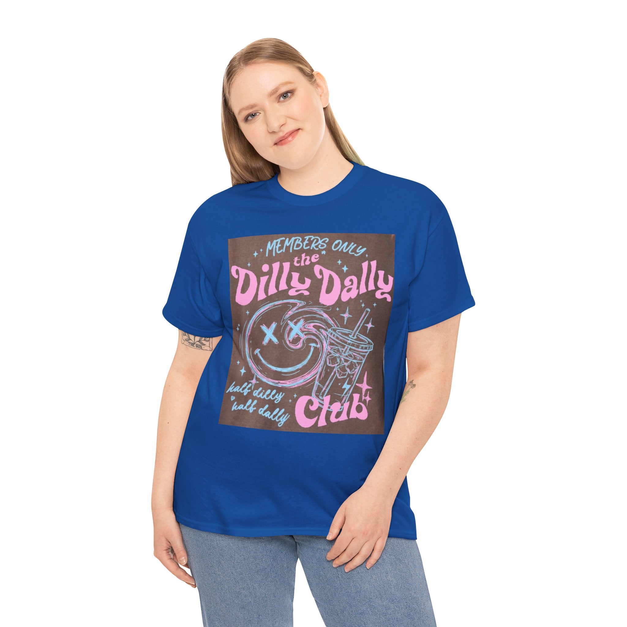 Dilly Dally Club Graphic Tee — Retro Pastel Drink & Moon Design