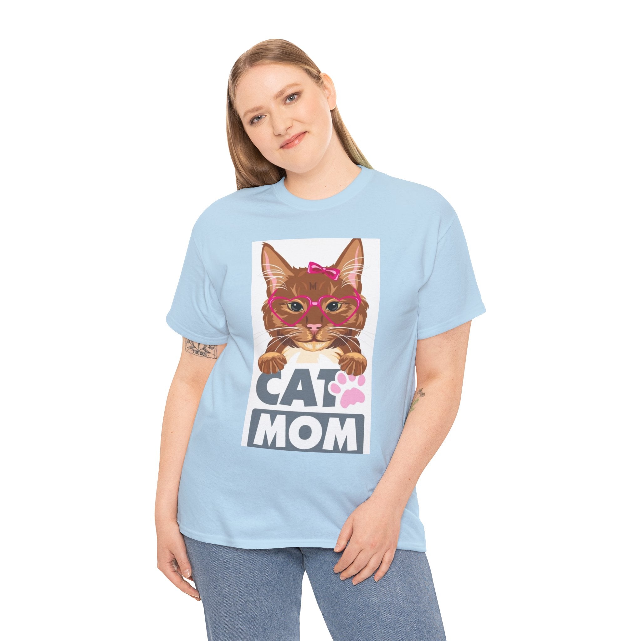 Cat Mom T-Shirt — Cute Cat Face Graphic Tee with "CAT MOM" Paw Print