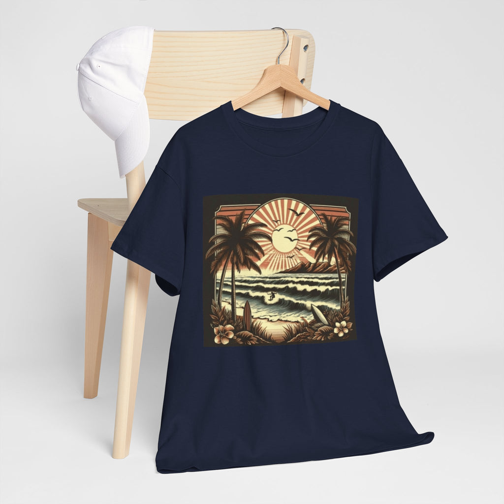Retro Tropical Beach T-Shirt — Vintage Palm Sunset Graphic Tee