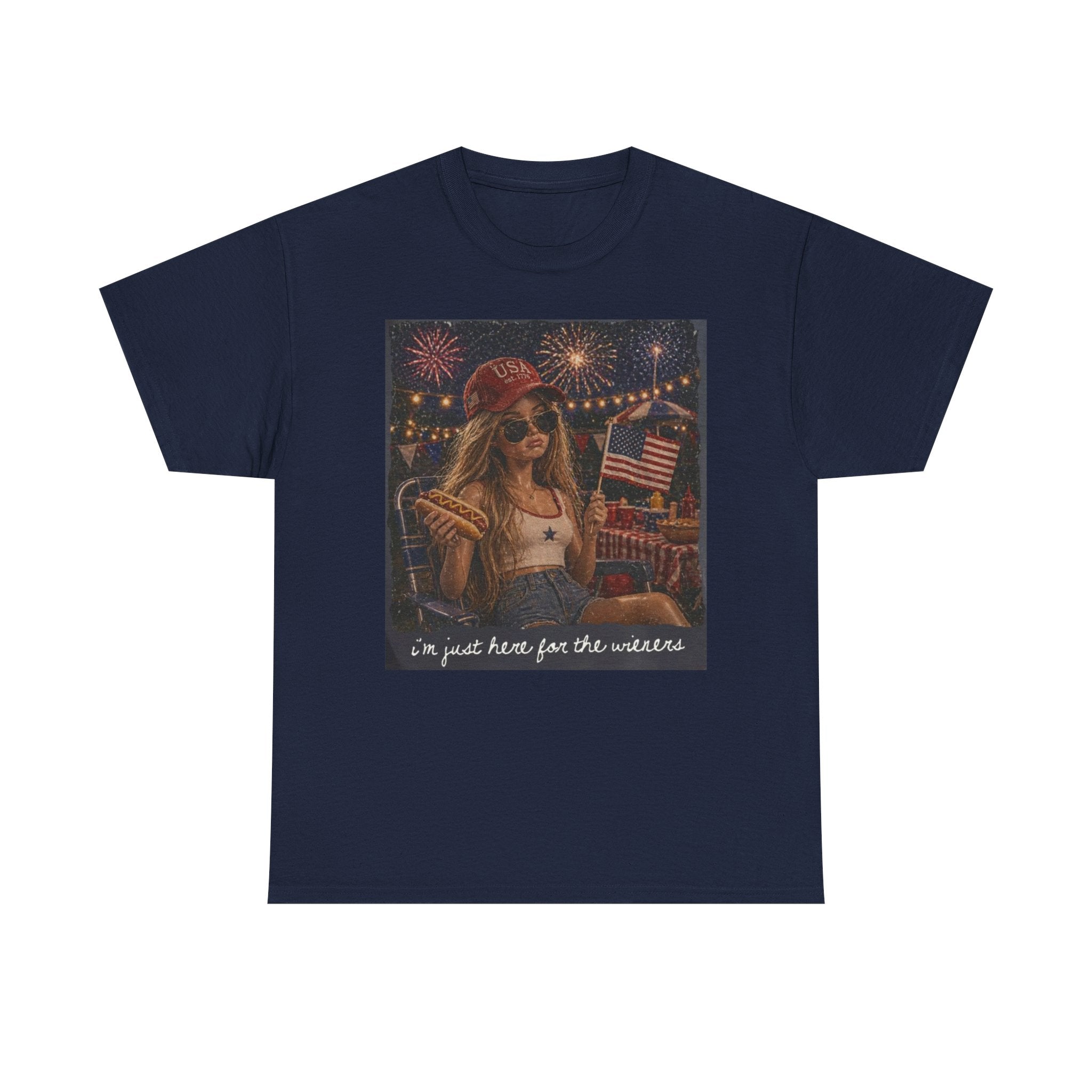 Patriotic Girl Graphic Tee — "I'm Just Here for the Fireworks" 4th of July Shirt