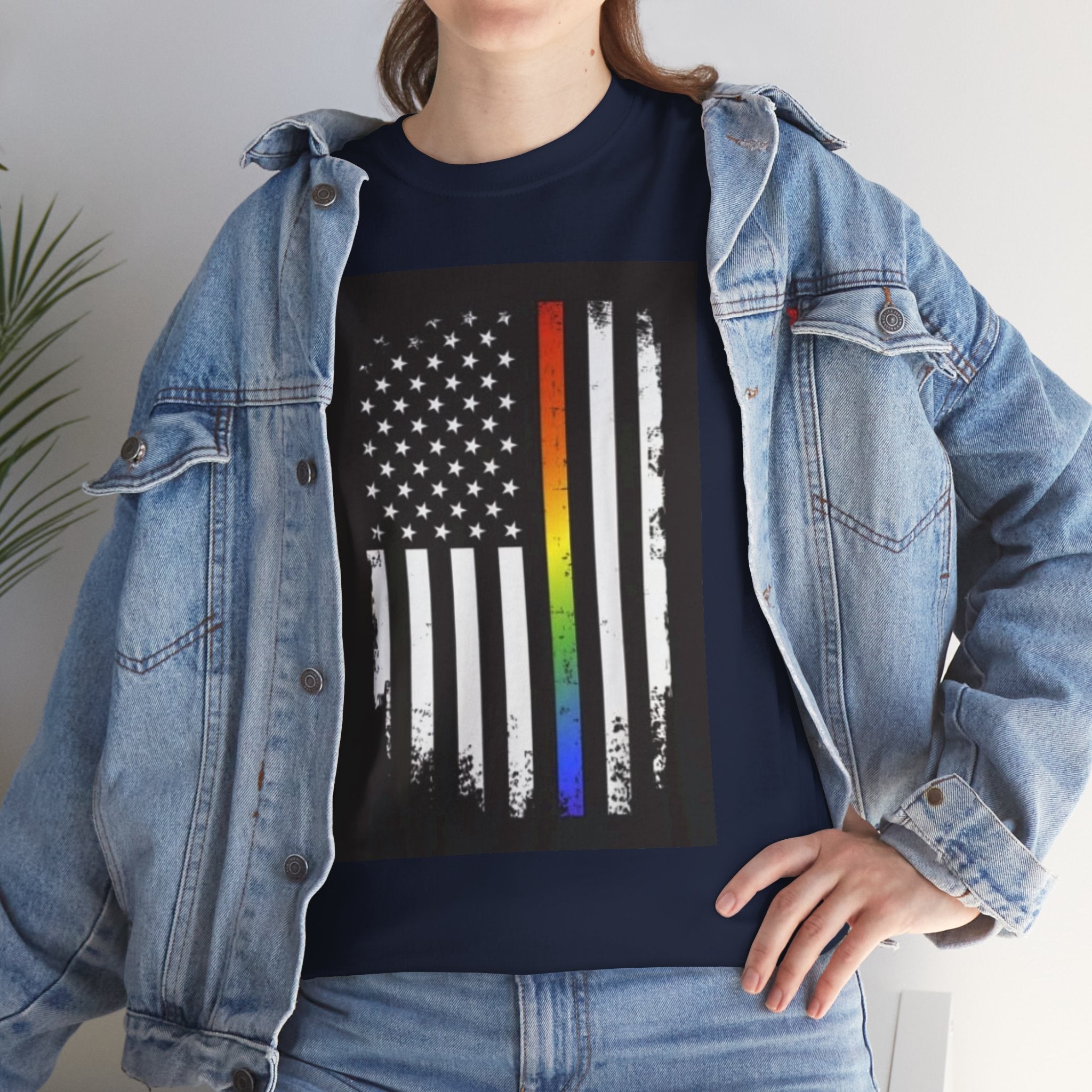 LGBTQ+ Pride Flag T‑Shirt — Distressed American Flag with Rainbow Stripe