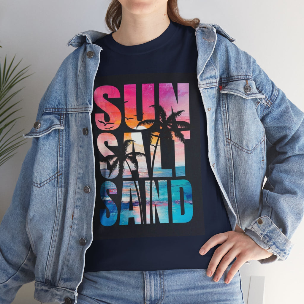 Sun Salt Sand Beach T-Shirt — Tropical Palm Sunset Graphic Tee