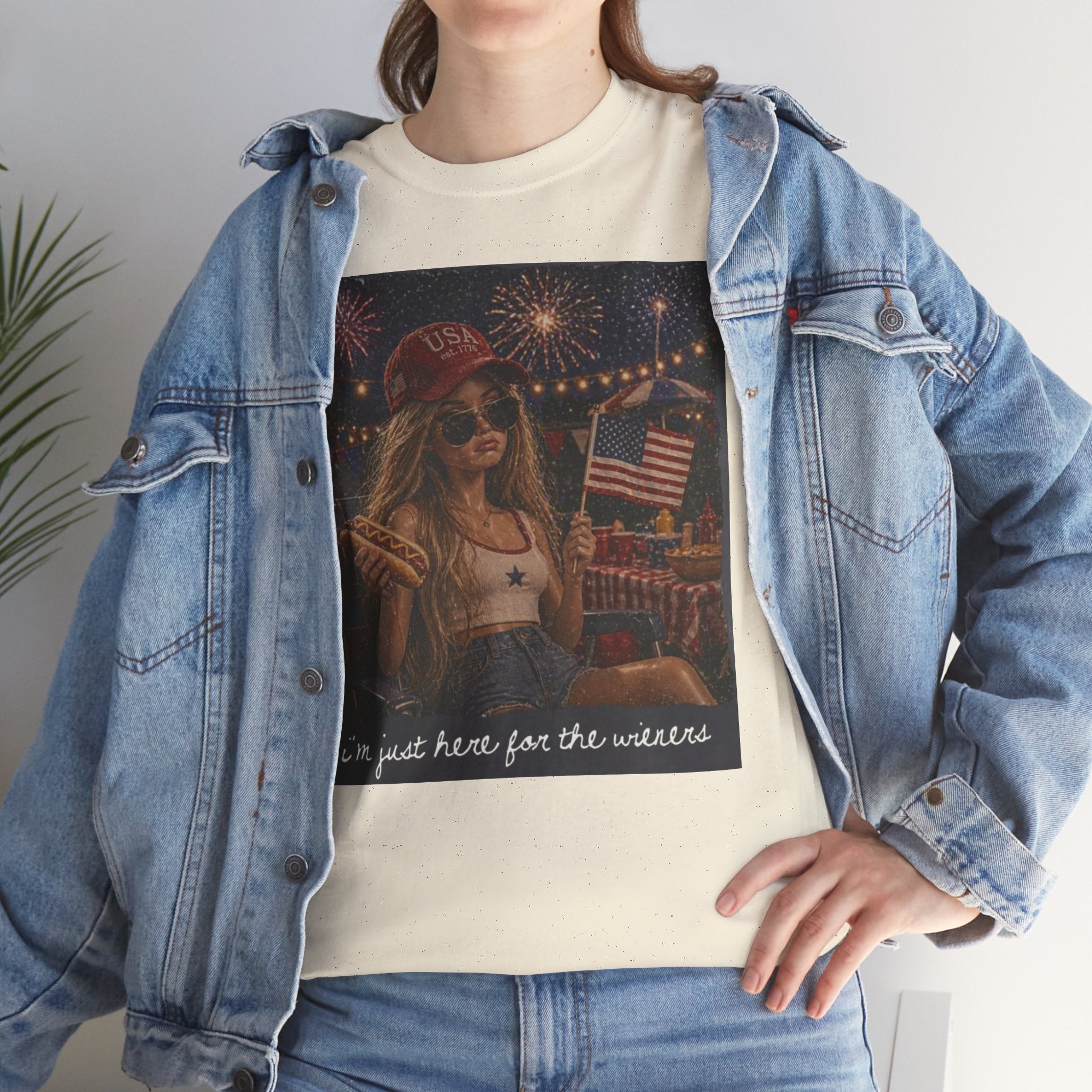 Patriotic Girl Graphic Tee — "I'm Just Here for the Fireworks" 4th of July Shirt